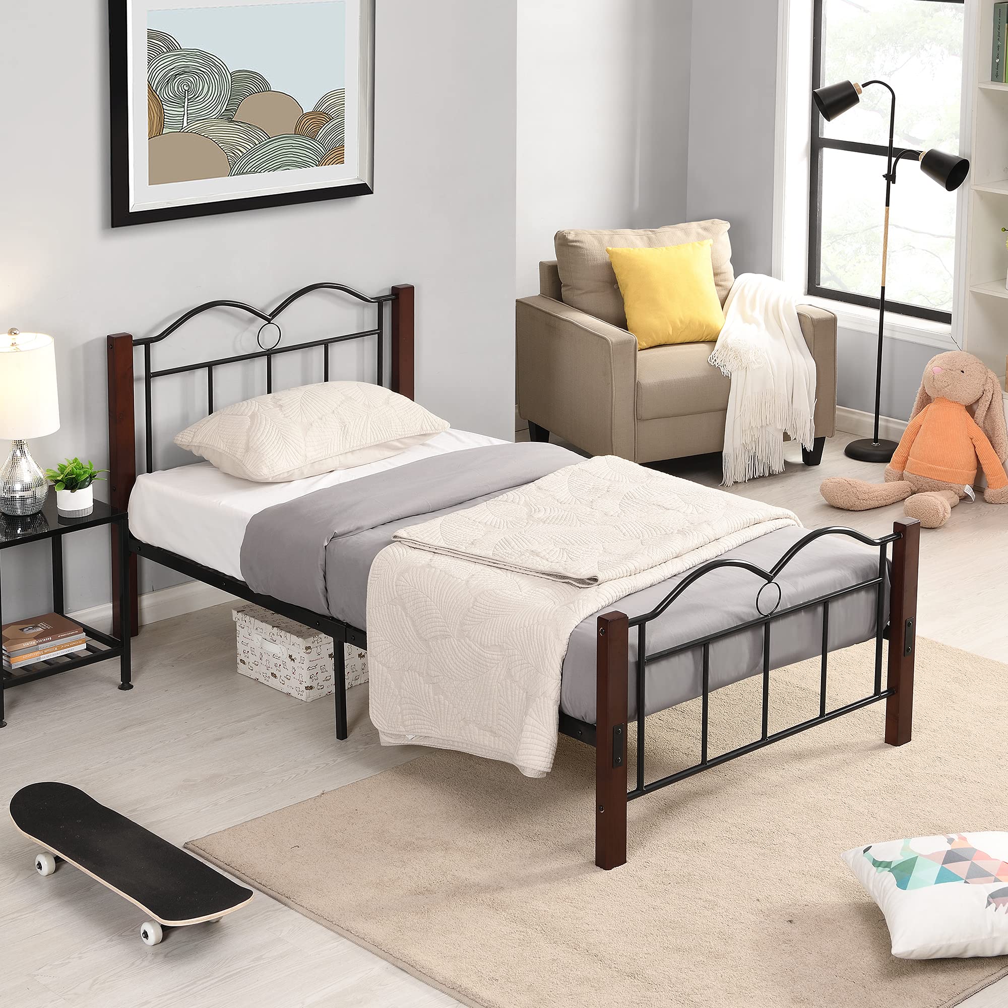 SQX Metal Twin Size Platform Bed Frame with Wooden Feet - Sturdy Kids Bed Frame for Boys & Girls (Brown) - Perfect for Small Bedrooms, Dorm Rooms & Kids' Sleepovers