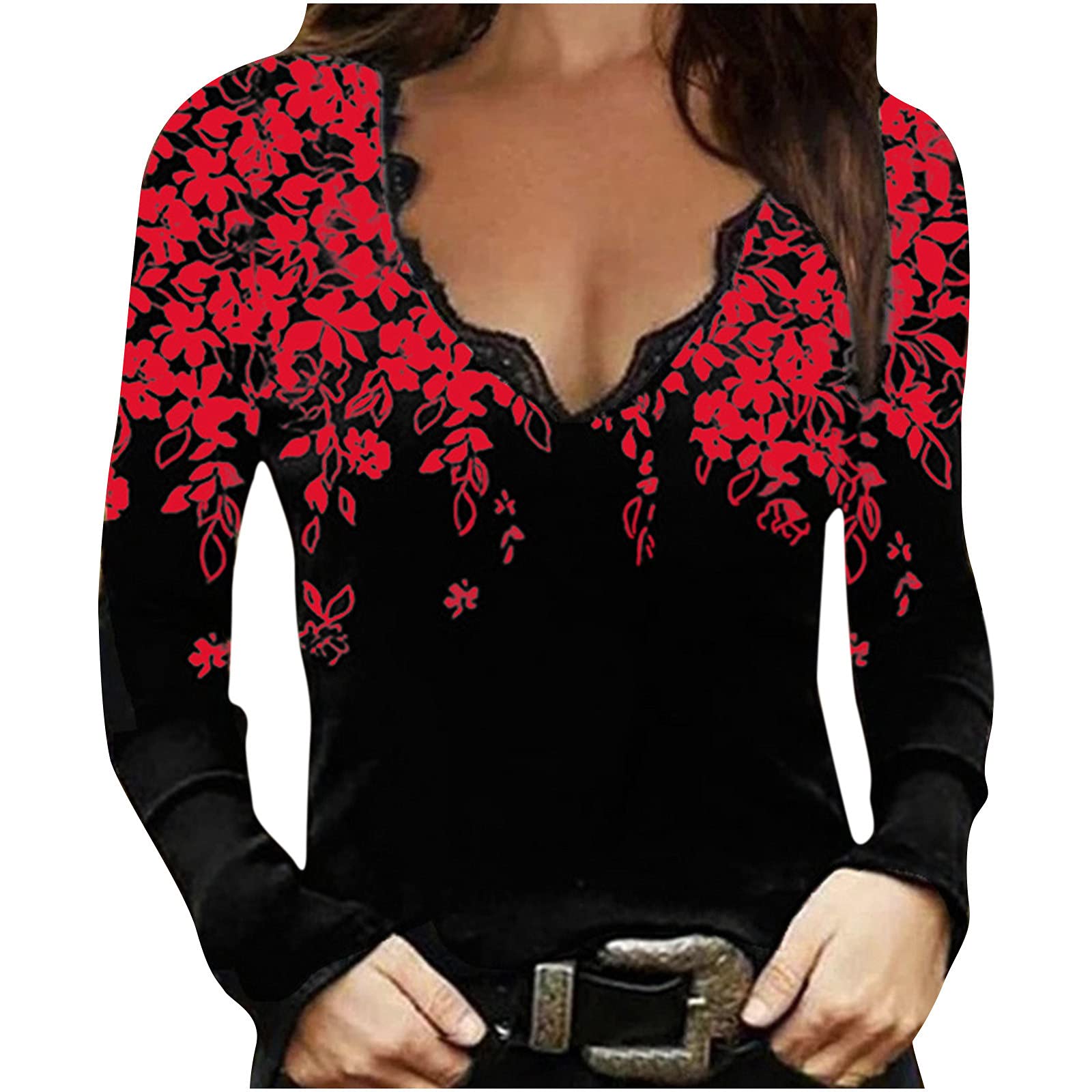Women's Fall Long Sleeve Lace Trim V-Neck Floral Print Loose Fit Blouse - Sexy Casual Tops for Date Night, Office Wear & Autumn Outfits