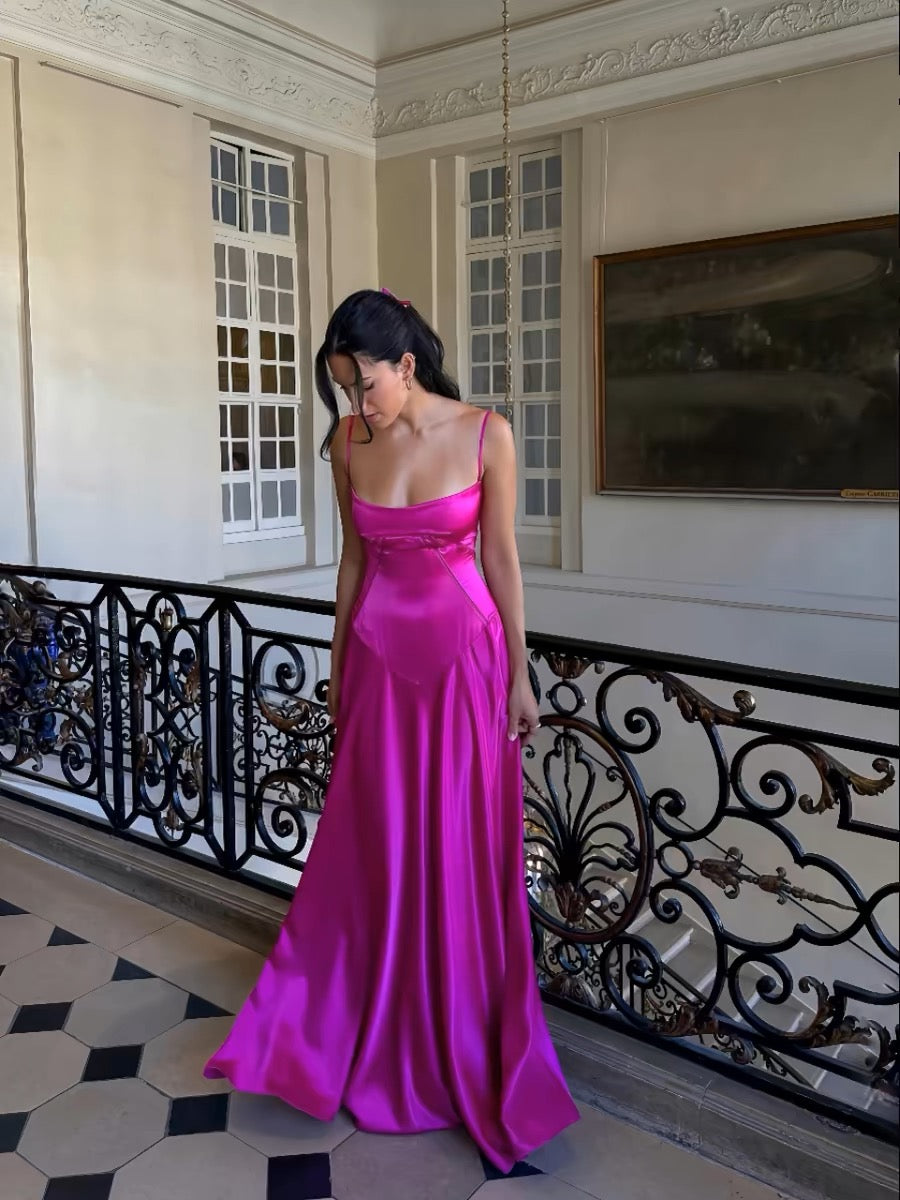 Elegant Hot Pink A-Line Satin Long Prom Dress J3185 - Formal Evening Gown for Homecoming, Quinceañera & Special Occasions