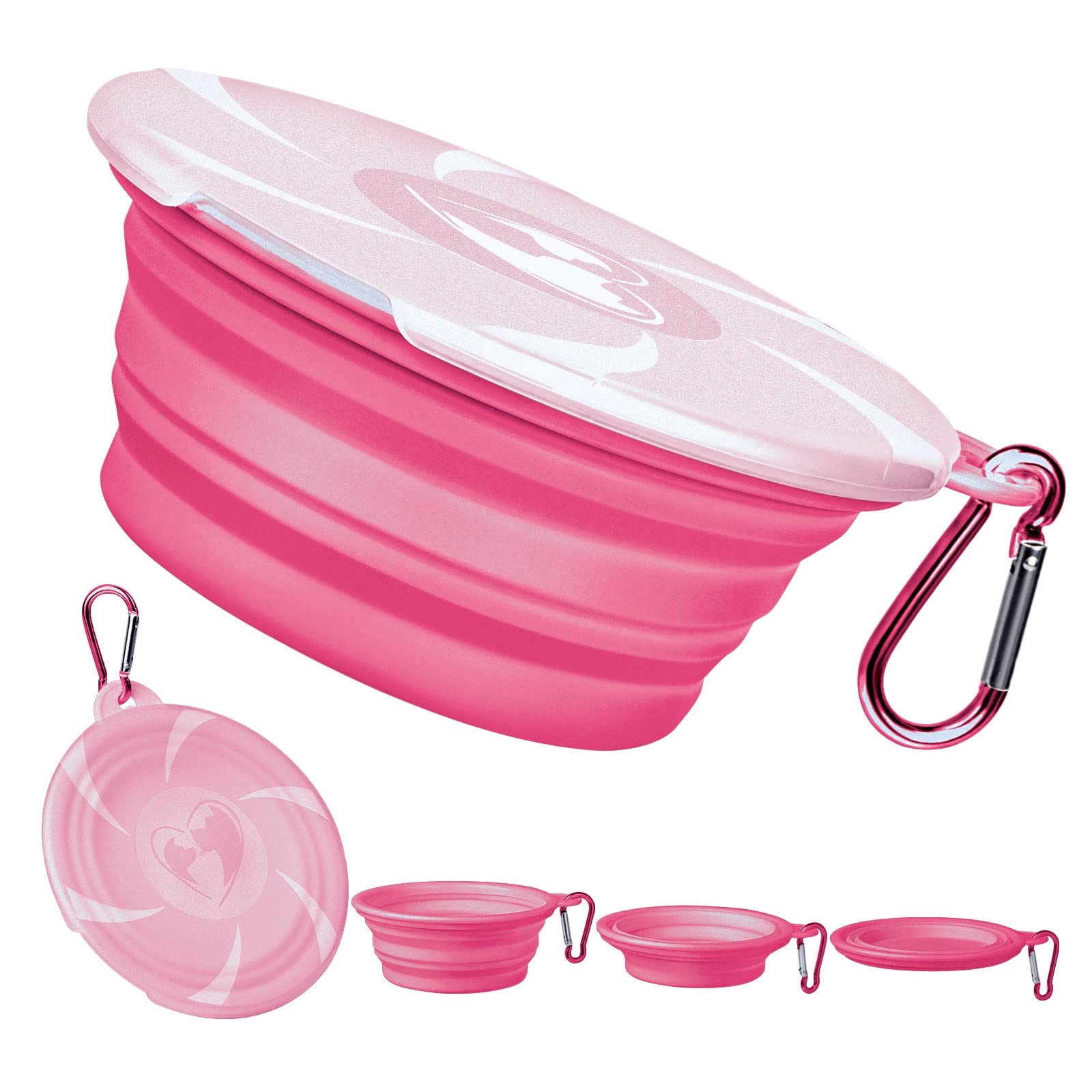 Collapsible Dog Bowl for Travel - Portable Silicone Pet Food & Water Dish with Lid & Carabiner for Dogs & Cats, 15oz/450ml Foldable Doggy Bowl - Perfect for Hiking, Camping, Outdoor Adventures (Pink)