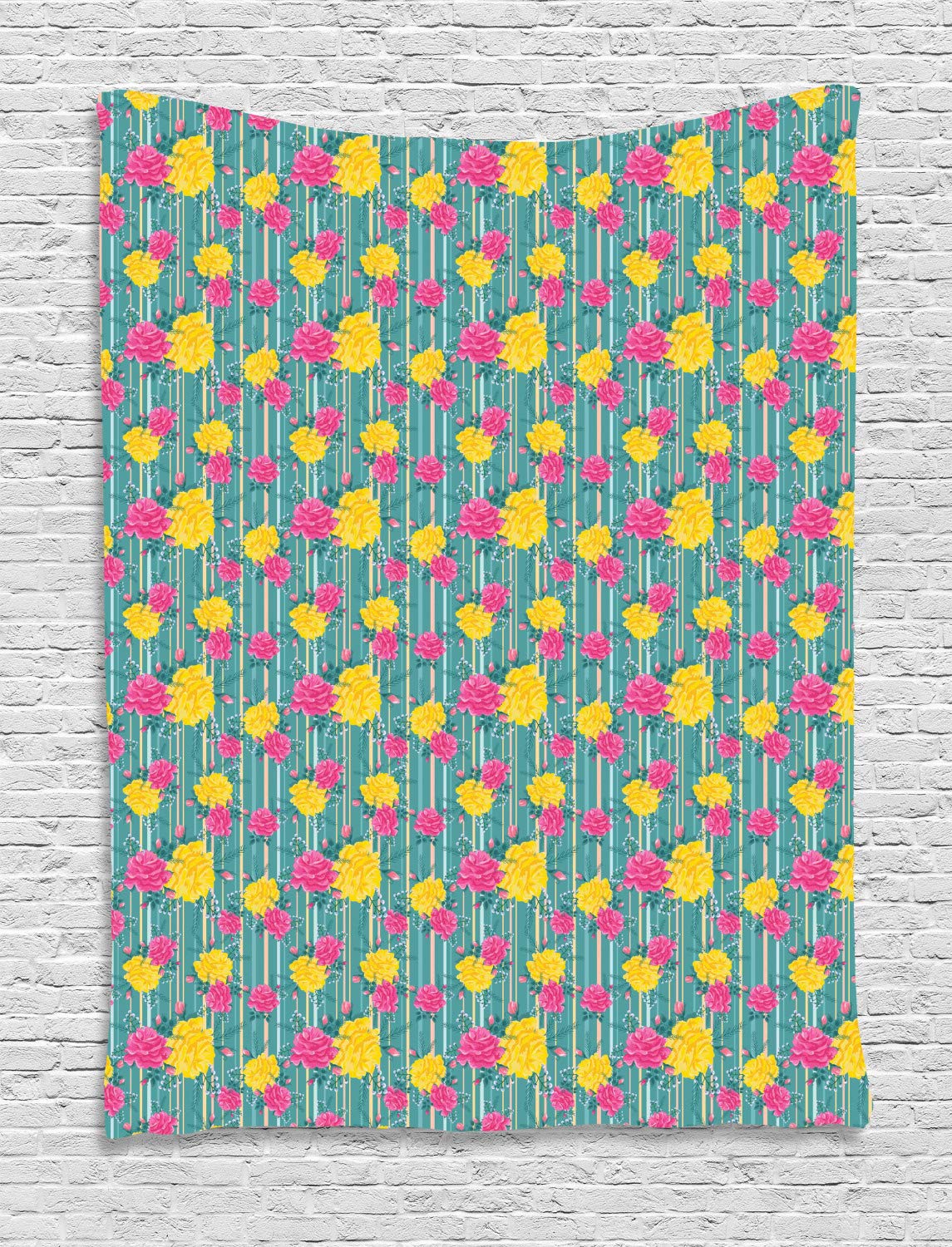 Ambesonne Floral Tapestry Wall Hanging - Vintage Pink & Yellow Rose Pattern on Striped Background, 40x60 Inch Bohemian Decor for Bedroom, Living Room, Dorm | Perfect for Home Decor, Wedding Backdrop & Photo Shoot Background