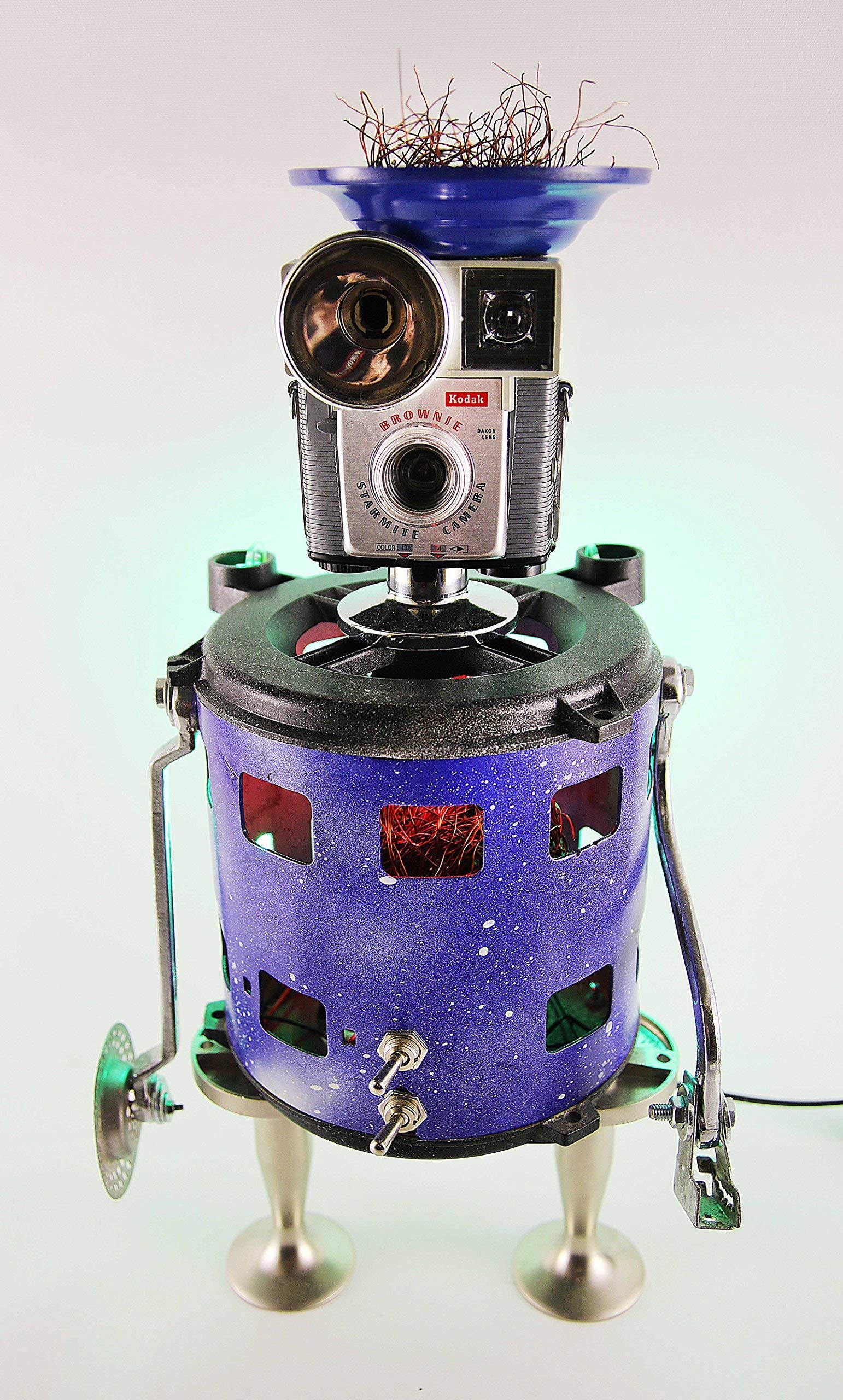 Steampunk Robot Sculpture Lamp - Unique Found Object Art with Night Light, Made from Recycled Materials - Perfect for Home Decor, Office Desk & Gift Ideas
