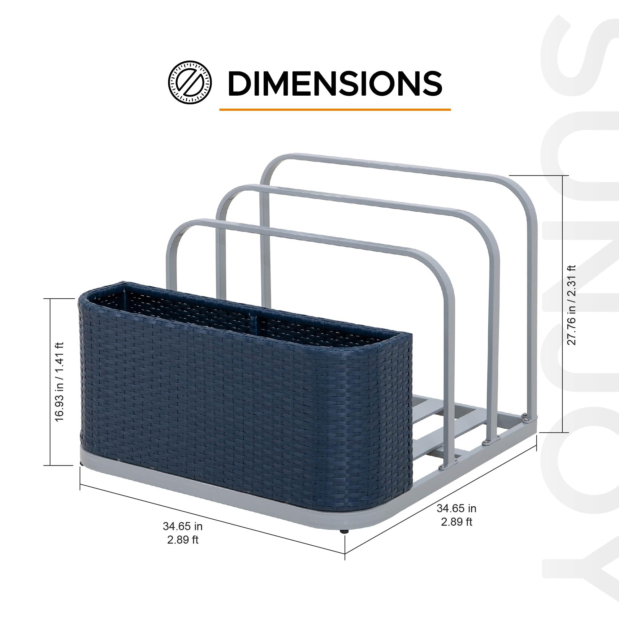Sunjoy 35-Inch Rust-Proof Aluminum Pool Float Storage Rack – Outdoor Wicker Poolside Organizer for Cushions, Floaties, Noodles & Pool Toys (Navy) – Perfect for Backyard, Poolside & Patio Storage