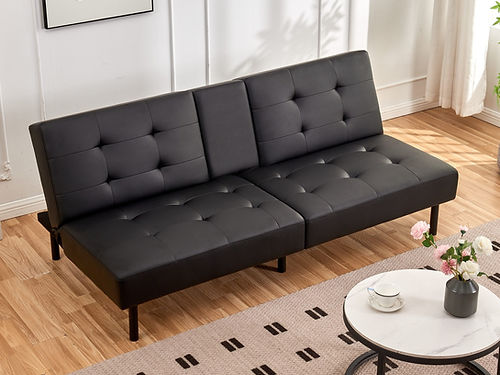 Black Faux Leather Sofa Bed with Cup Holders - Convertible Sleeper Sofa for Small Spaces, Living Room & Guest Room Furniture