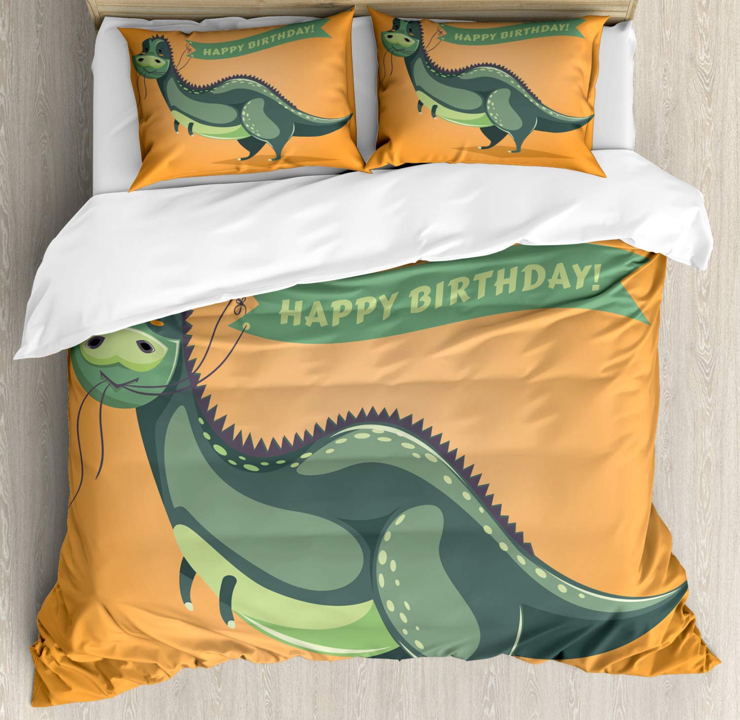 Ambesonne Funny Cartoon Dinosaur Birthday Duvet Cover Set - 2 Pack Queen Size Bedding with 2 Duvet Covers & 4 Pillowcases, Pale Green & Orange - Perfect for Kids' Rooms, Birthday Gifts, and Dinosaur Themed Bedrooms