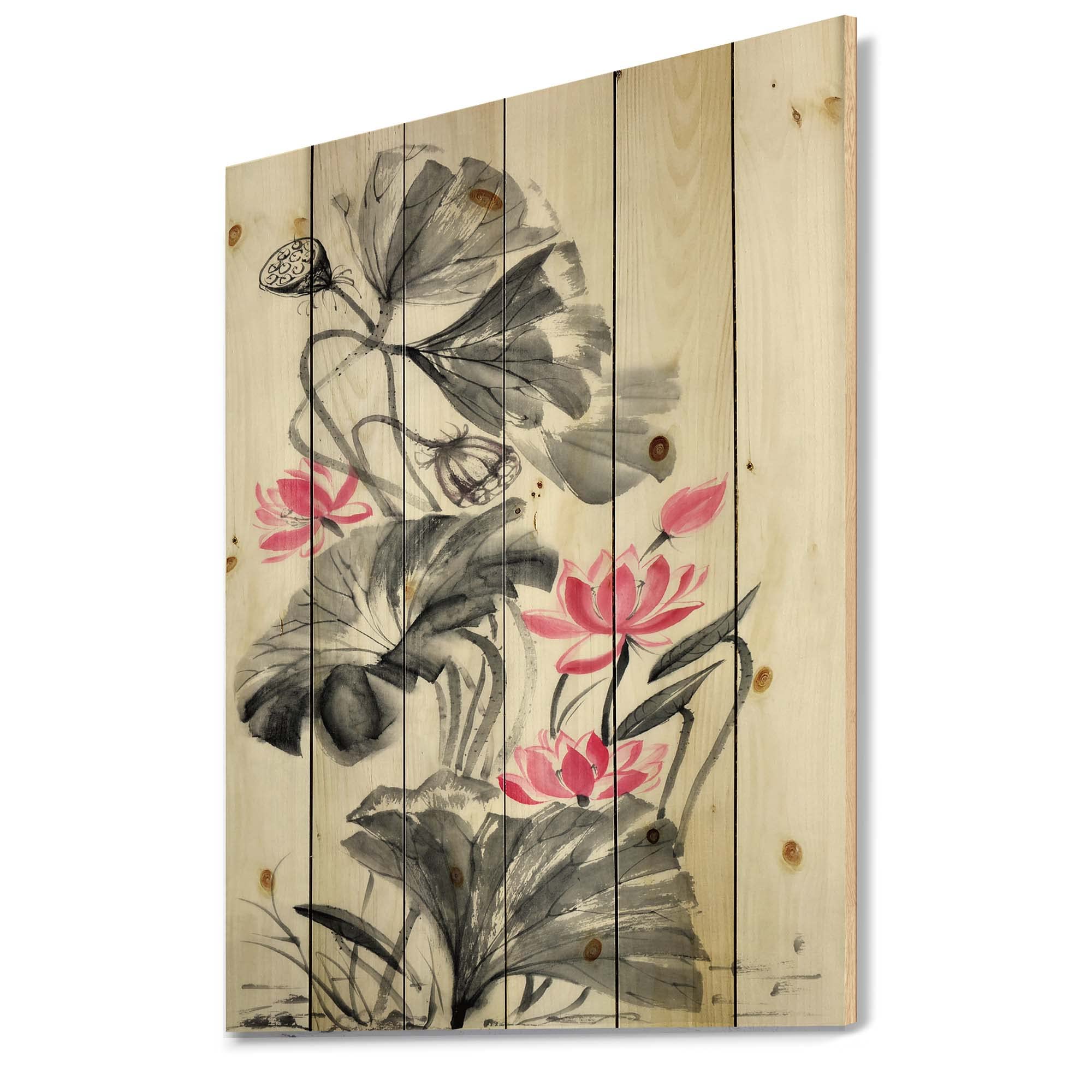 Vintage Pink Lotus Flower Wood Wall Decor - Handcrafted Traditional Floral Wall Art Panel - Large Pine Wood Wall Hanging for Living Room, Bedroom & Home Decor