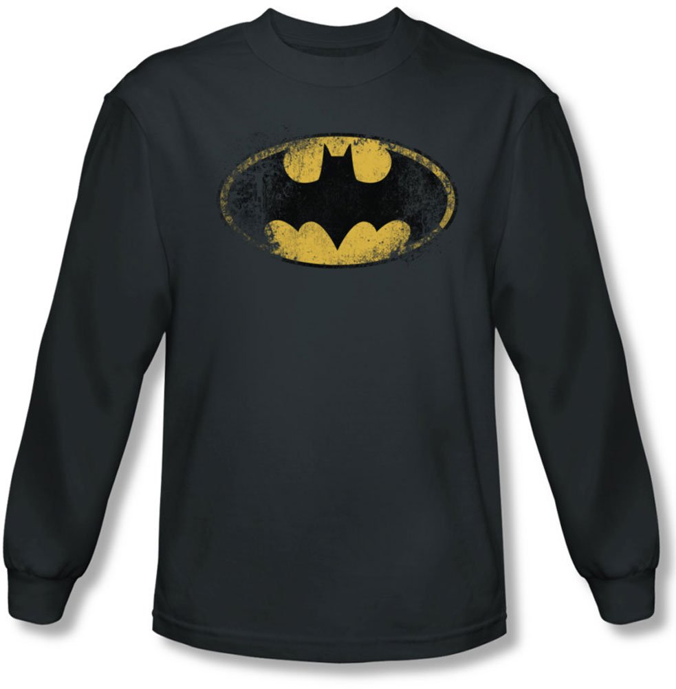 Batman Logo Distressed Long Sleeve T-Shirt for Men - Charcoal Gray Graphic Tee | Superhero Cosplay, Comic Con Outfit & Casual Streetwear
