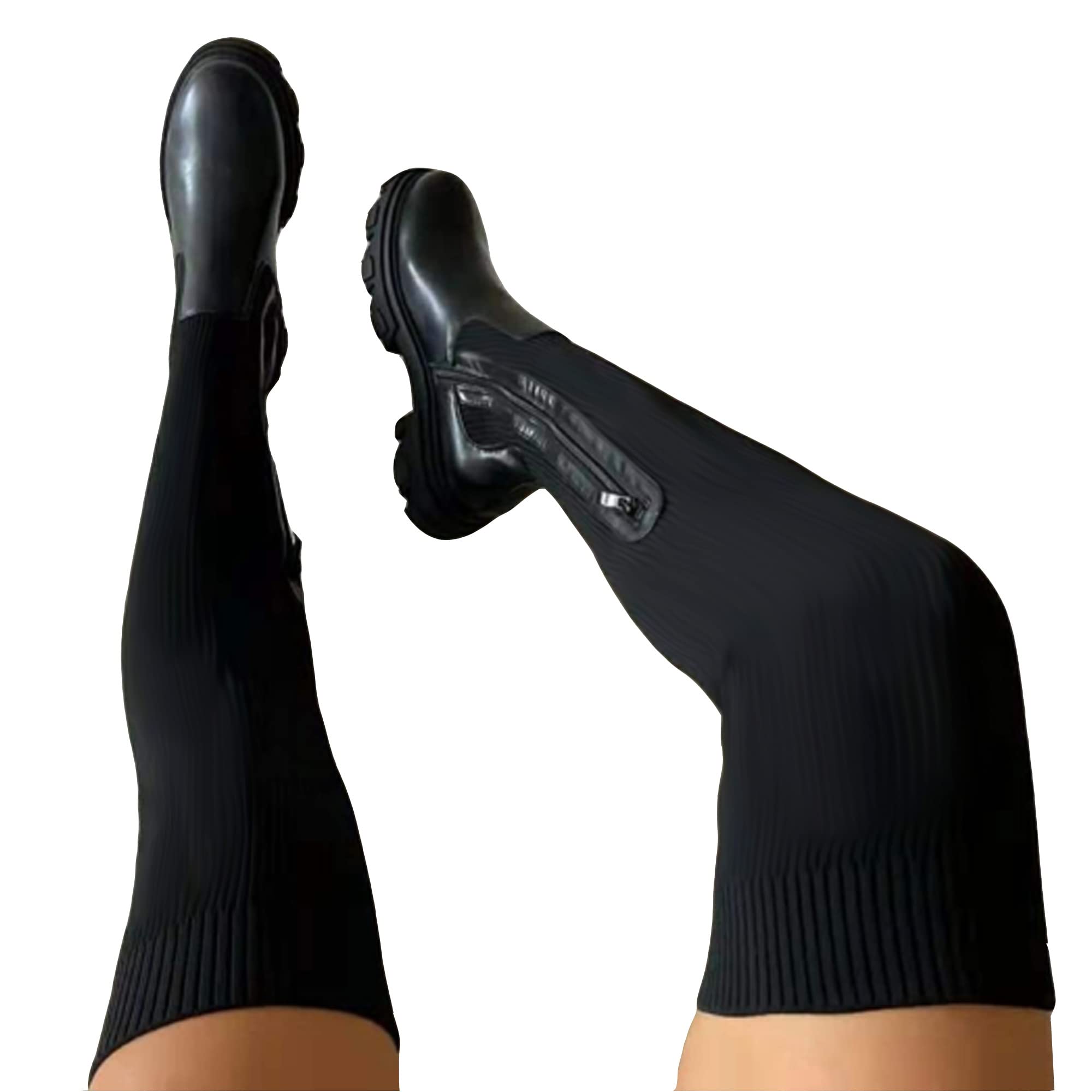 Women's Chunky Platform Knit Thigh High Boots - Round Toe Punk Style Stretch Long Boots for Winter Fashion & Night Out