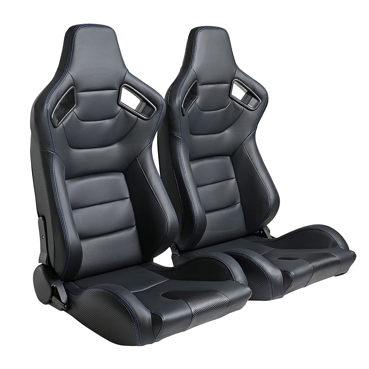 Premium Universal Racing Seats - 2 Pcs Reclinable Bucket Seats with Adjustable Sliders, PU Leather Sport Seats for Cars (Black & Blue Stitching, 36.6