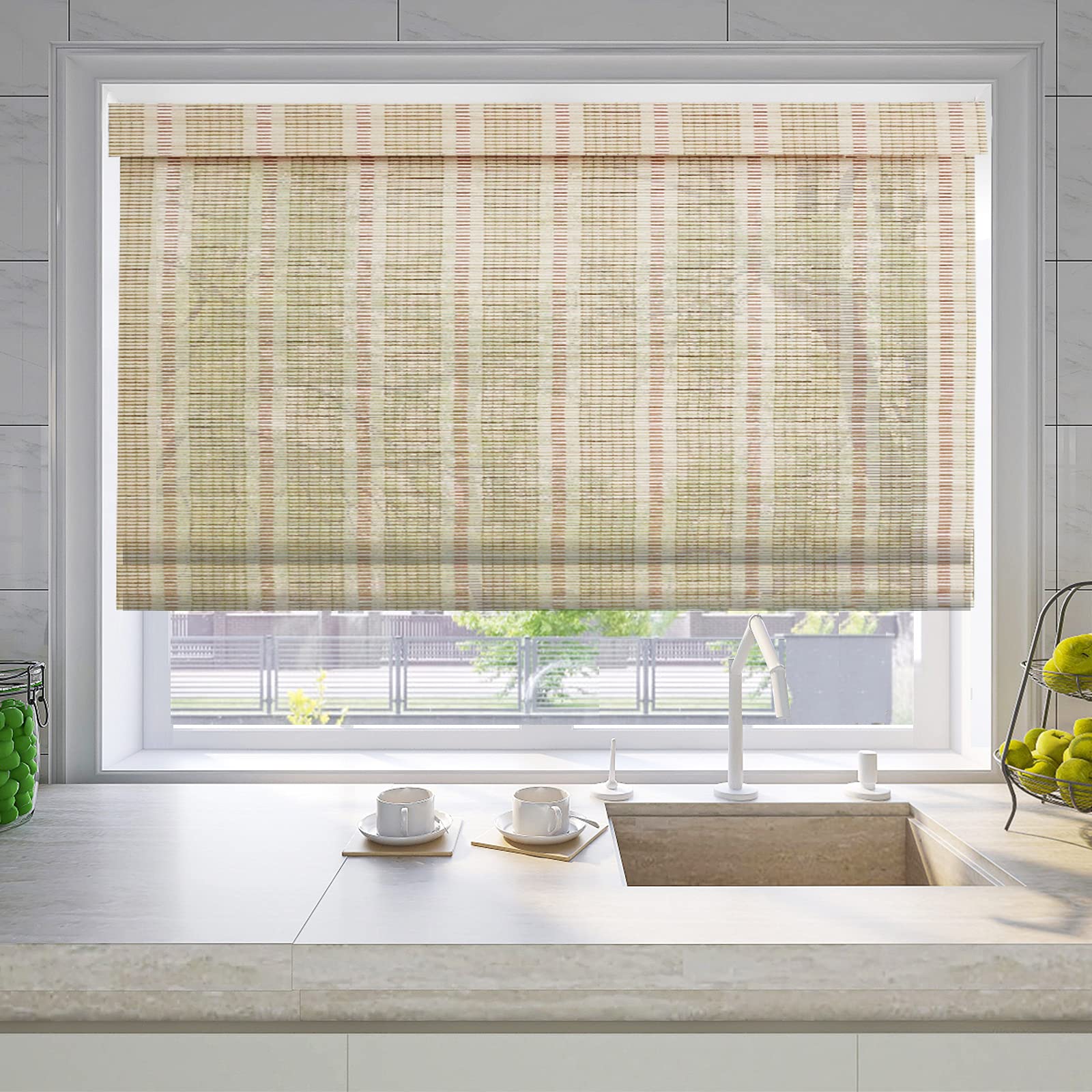 Letau Cordless Bamboo Roman Shades - Light Filtering Wood Window Blinds for Home, Kitchen & Office | Easy Lift Design, Natural Pattern 12 | Perfect for Privacy & Sun Protection in Living Rooms, Bedrooms & Workspaces