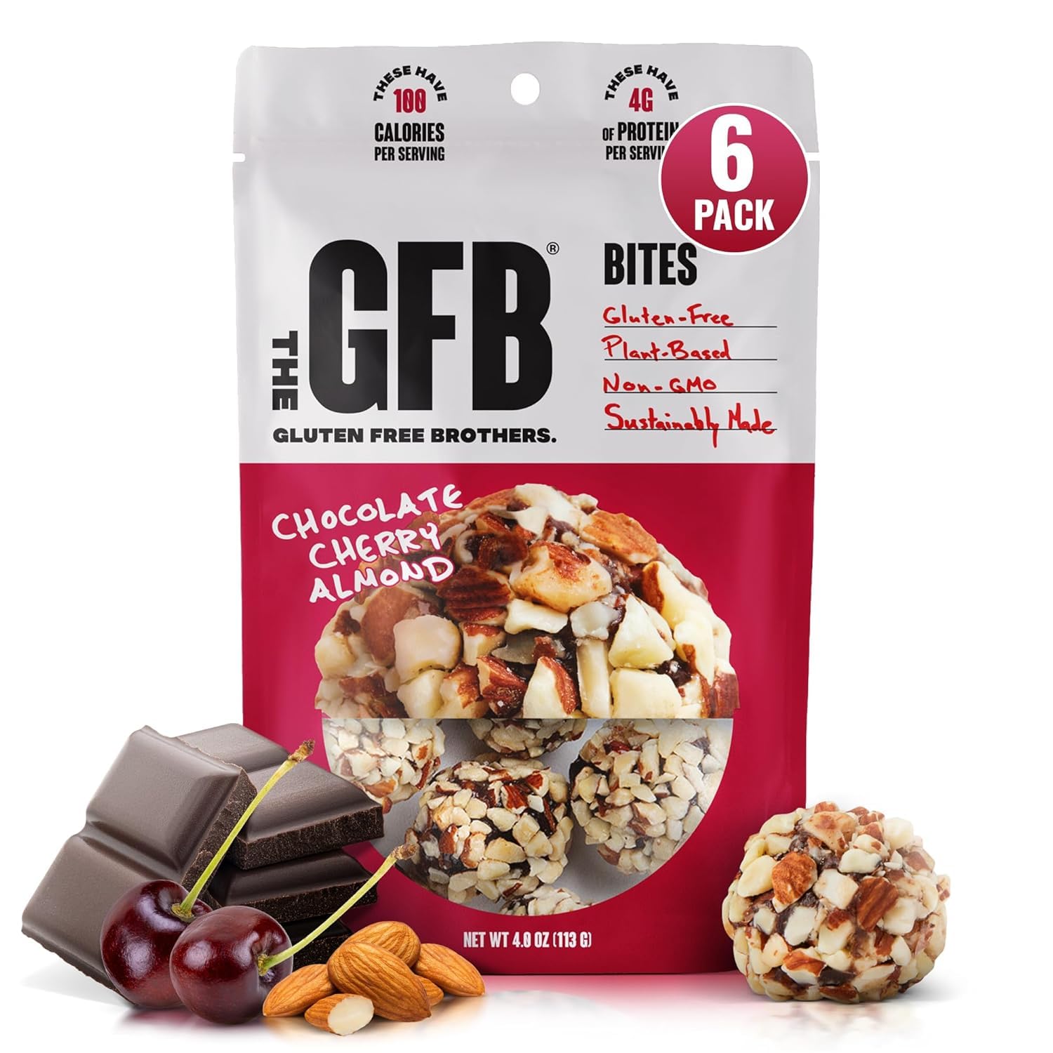 GFB Chocolate Cherry Almond Protein Bites - Gluten Free, Vegan, Non-GMO, Plant-Based Protein Snacks - Healthy Energy Balls for Workouts, Hiking & On-the-Go Nutrition - 4oz (6 Count)