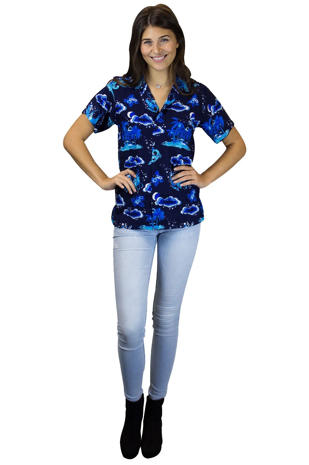 KING KAMEHA Hawaiian Shirt - Funky Tropical Aloha Shirt in Monoblue Blue, Size L - Perfect for Luau Parties, Beach Vacations & Summer Festivals