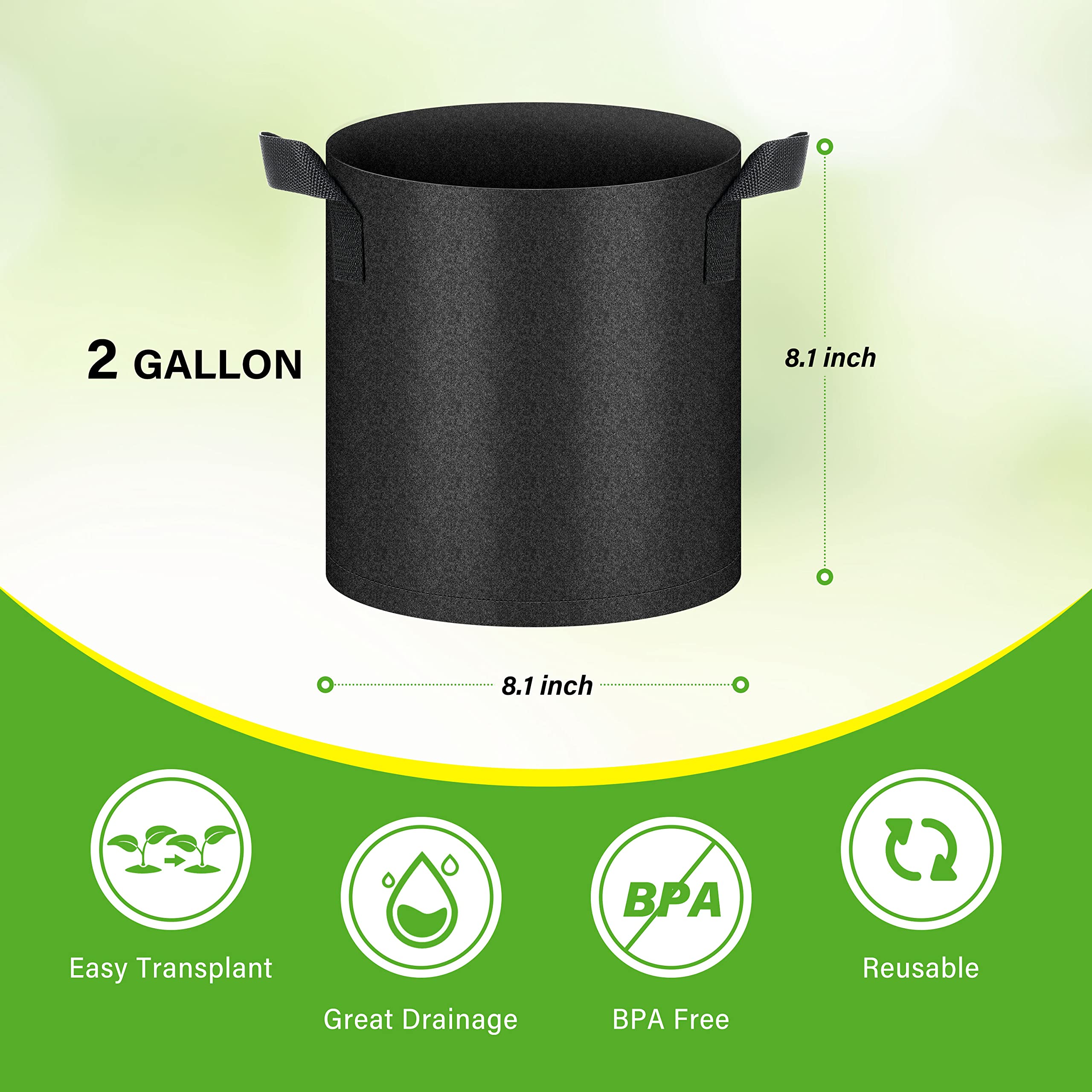 HealSmart 6-Pack 2 Gallon Nonwoven Fabric Grow Bags with Handles - Breathable Plant Pots for Vegetables, Fruits, Flowers & Herbs - Ideal for Indoor/Outdoor Gardening, Balcony Planting & Urban Farming (Black)