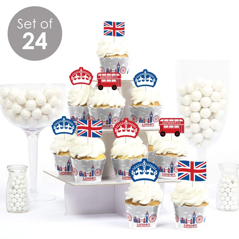 Big Dot of Happiness Cheerio London - British Themed Cupcake Decorations Kit (24-Piece Set) - Includes Cupcake Wrappers & Treat Picks for UK Tea Party, Afternoon Tea, and Royal Celebration Events