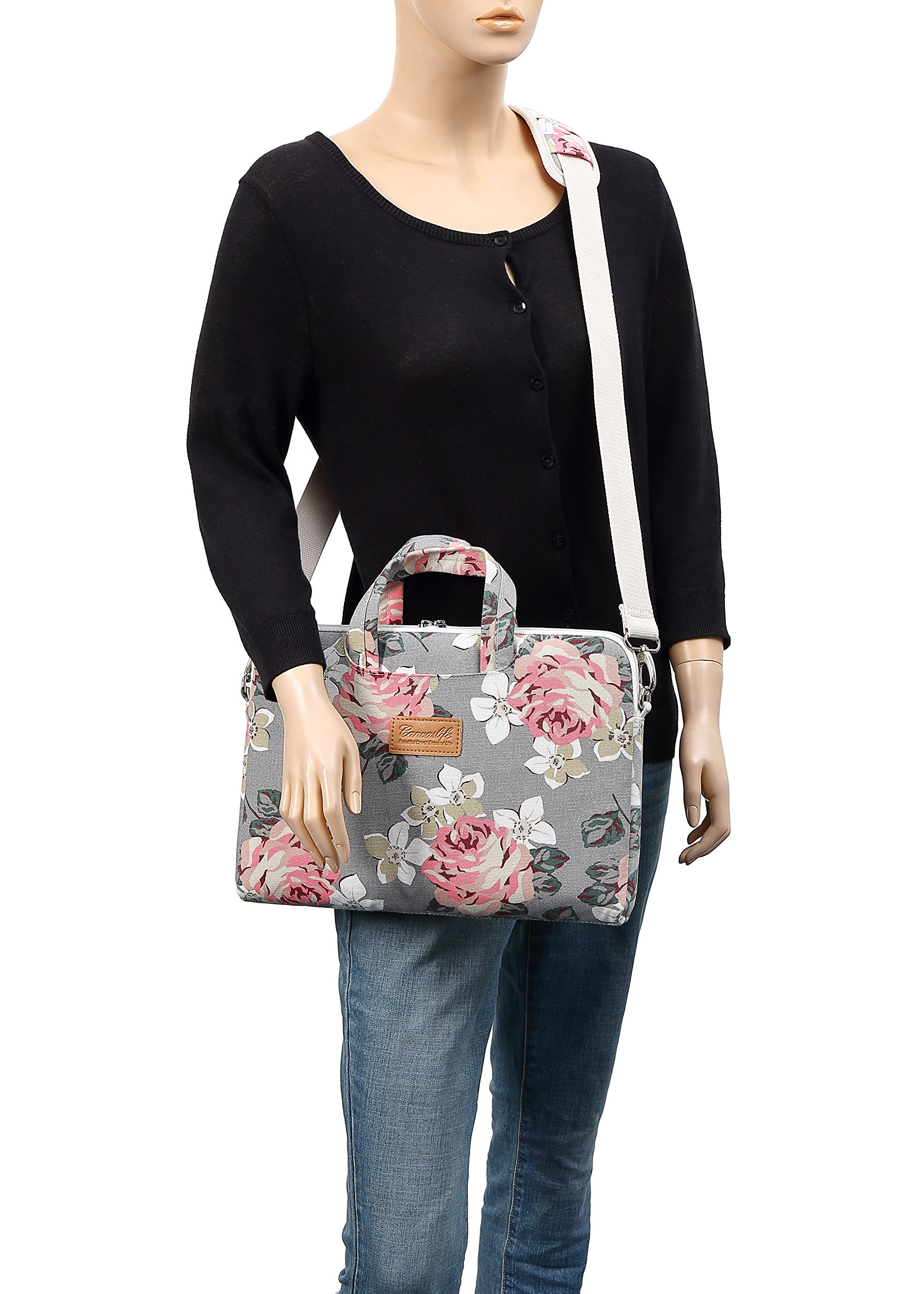 Waterproof 15 Inch Laptop Messenger Bag - Grey Rose Pattern Canvas Shoulder Bag for 14-15.6 Inch Laptop & MacBook Pro 15 | Perfect for Work, School & Travel