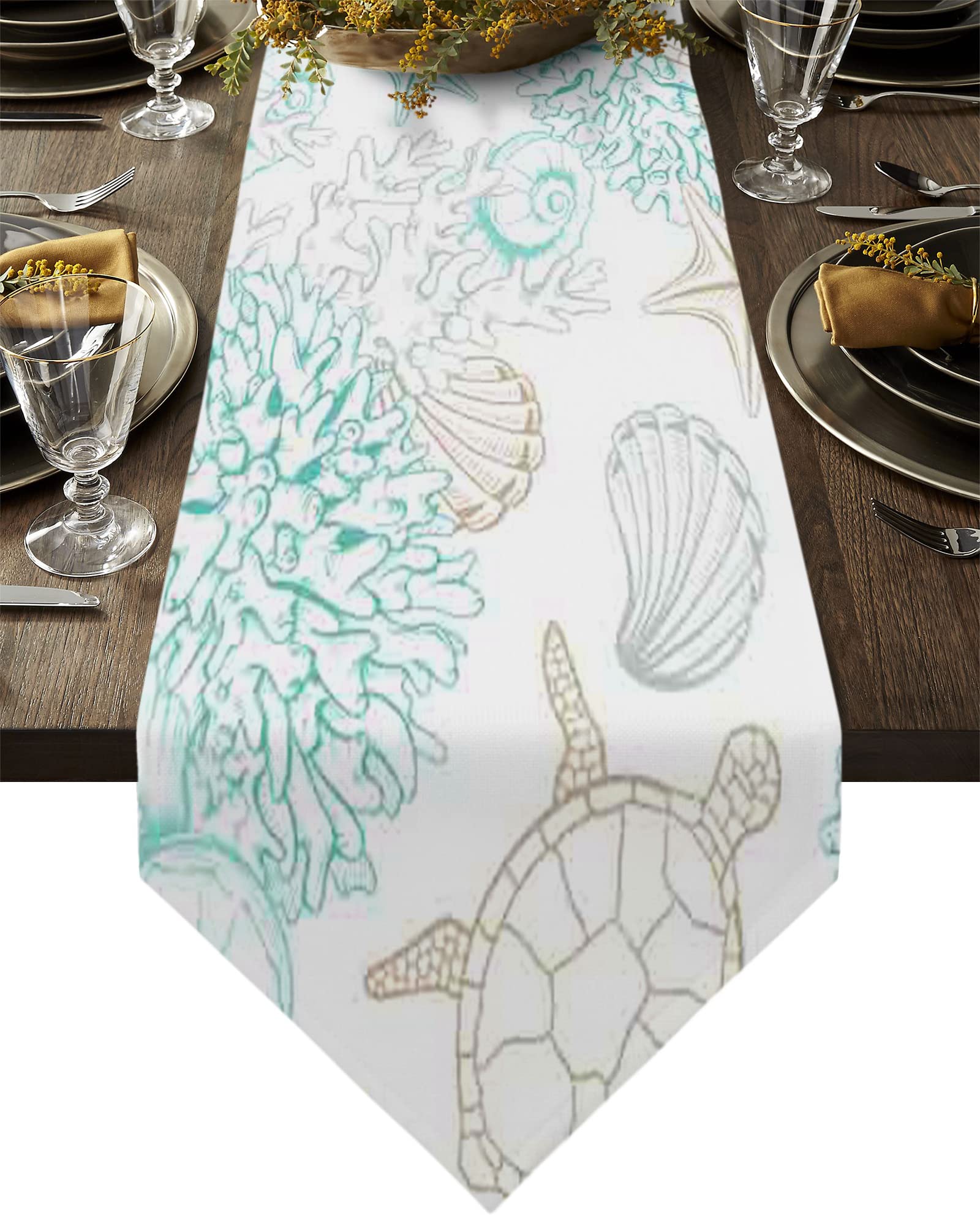 Chucoco Summer Ocean Sea Turtle Table Runner - Seaweed Shell Linen Burlap Table Scarf for Kitchen Dining Room Decor | Durable Washable Indoor Outdoor Dresser Cover | Perfect for Beach Themed Parties, Coastal Home Decor & Underwater Life Tables