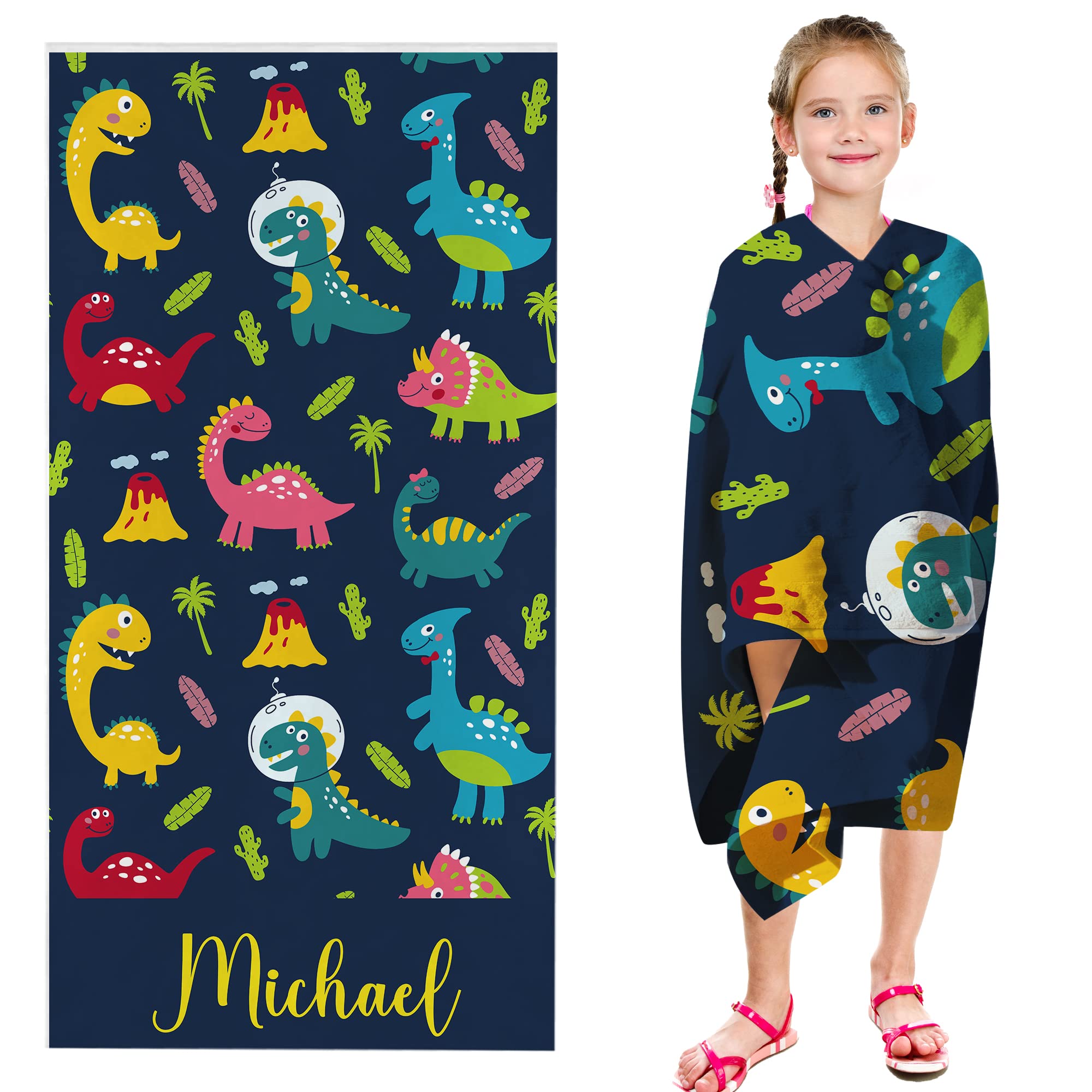 Personalized Dinosaur Beach Towel with Name - Custom Kids Microfiber Towel for Girls & Boys - Lightweight Quick Dry Super Absorbent Sand Free - Perfect for Beach, Pool, Camping & Travel - USA Made (30