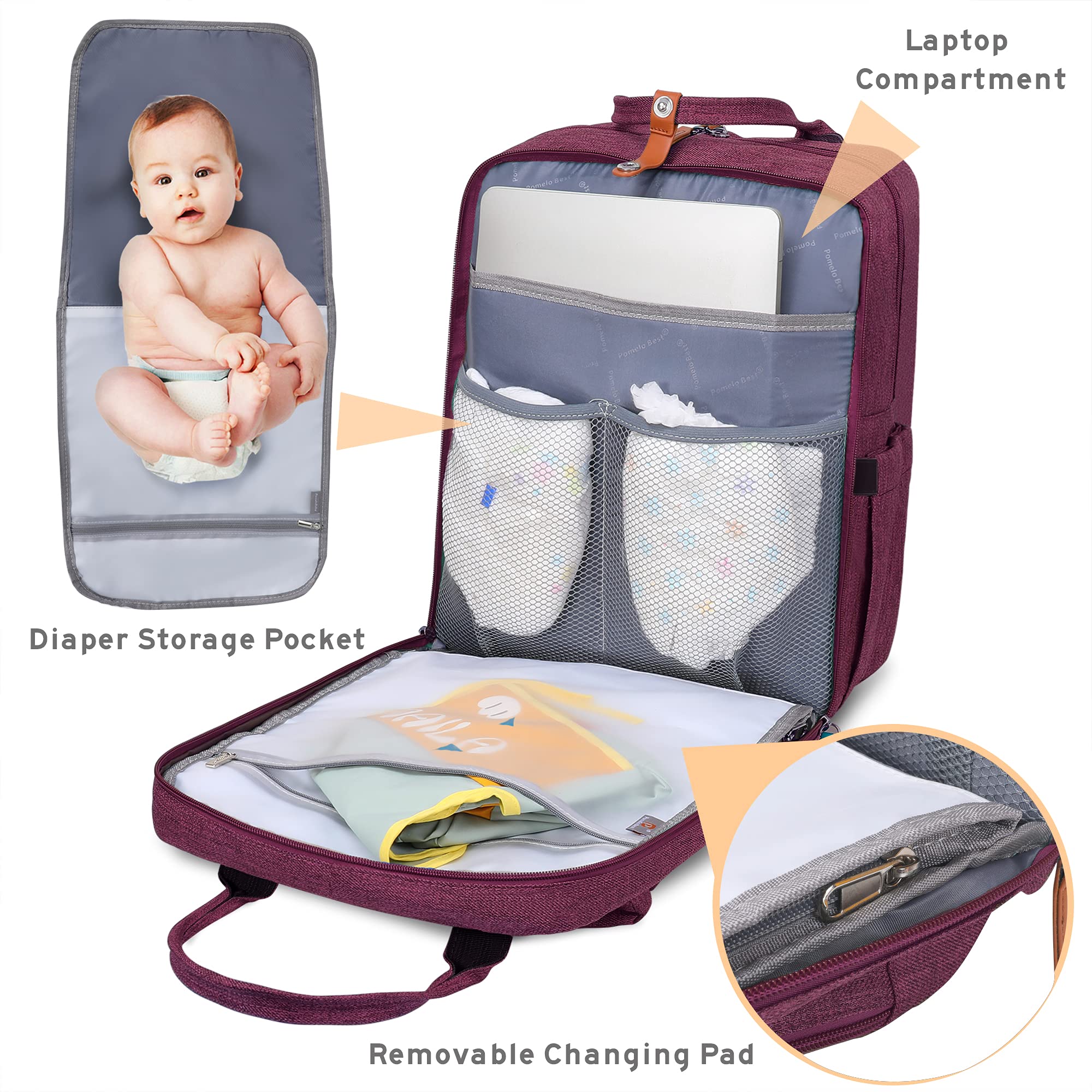 Large Waterproof Diaper Backpack with Built-in Changing Pad & Stroller Straps - Multi-Pocket Baby Bag for Travel & Daily Use (Wine Red) | Perfect for Moms, Dads & Caregivers on the Go