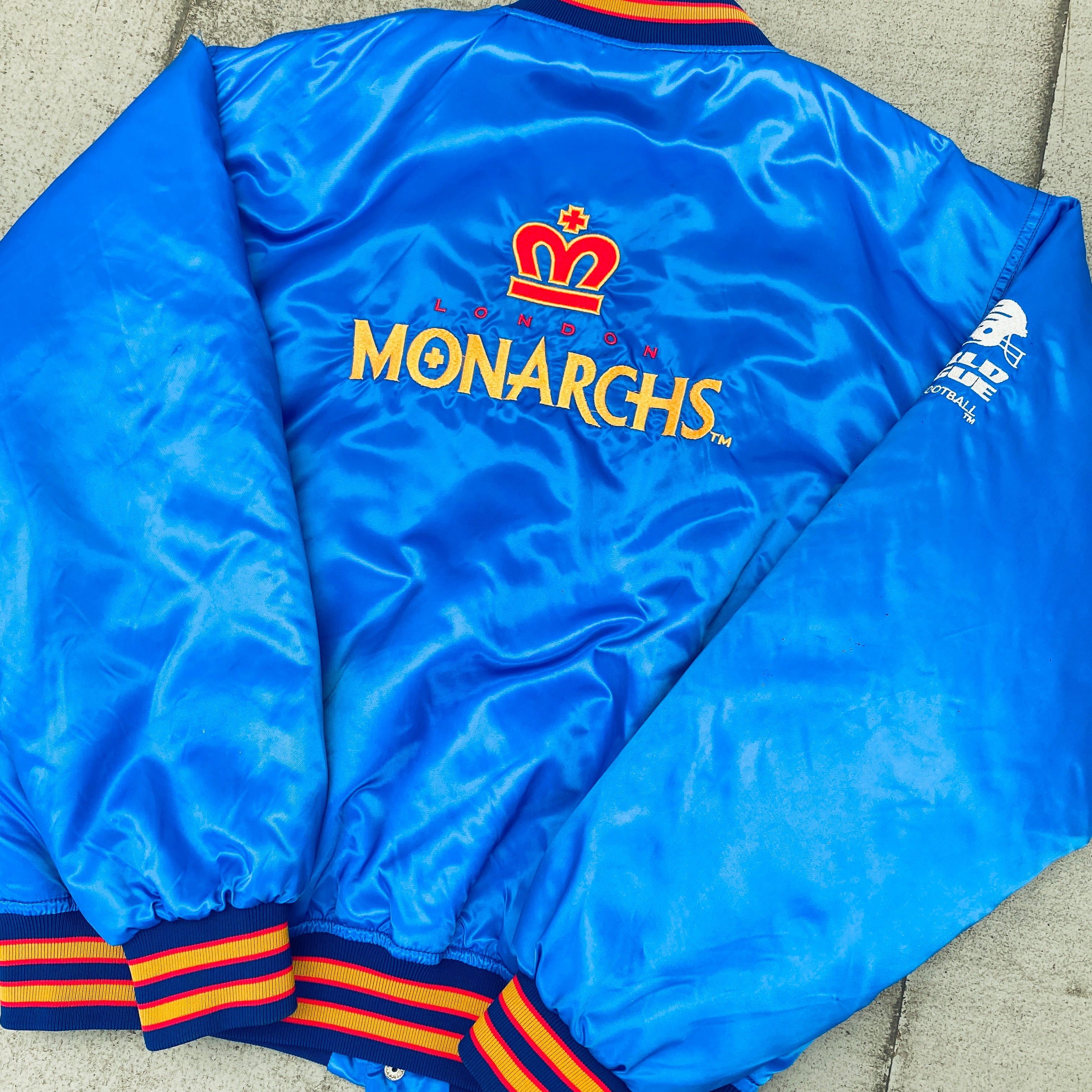WLAF: London Monarchs 1992 Satin Reverse Embroidered Spellout Bomber Jacket (Large) - Vintage Football Jacket for Sports Fans & Retro Fashion Enthusiasts
