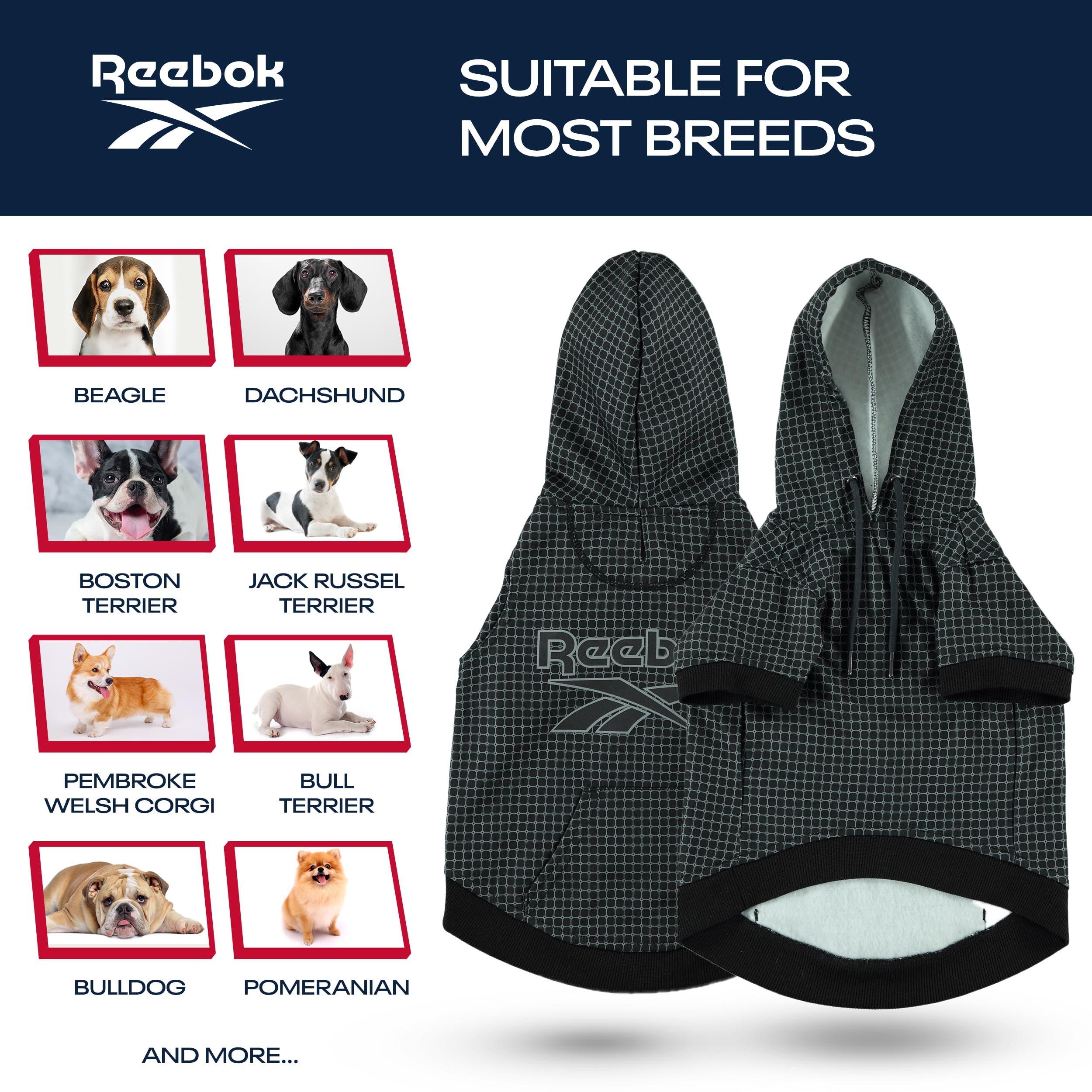 Reebok Fleece Dog Hoodie with Leash Hole - Warm Winter Dog Sweater for Small, Medium & Large Dogs | Cozy Pullover Hooded Sweatshirt for Fall & Christmas Outfits | Perfect for Cold Weather Walks & Holiday Photos