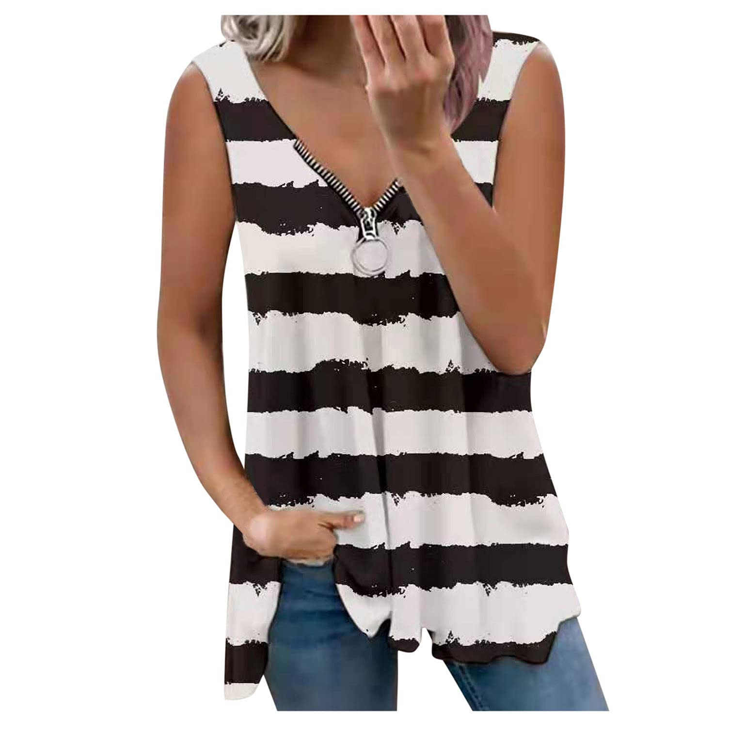 Women's Tie-Dye Striped Sleeveless Tank Top - Loose Fit Summer Zipper Tops for Casual Wear, Beach Outfits & Vacation Style
