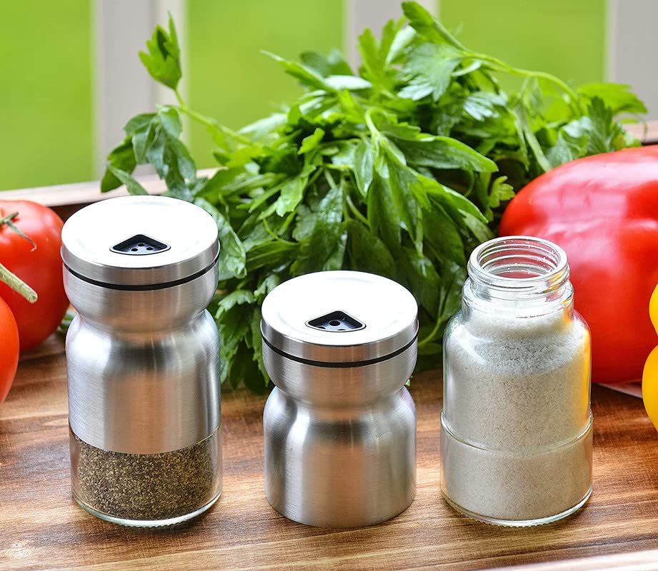 Premium Glass & Stainless Steel Salt and Pepper Shakers Set with Adjustable Pour Holes - Farmhouse Style Spice Dispenser for Salt, Pepper & Seasonings - Perfect for Kitchen, Dining Table & Restaurant Use