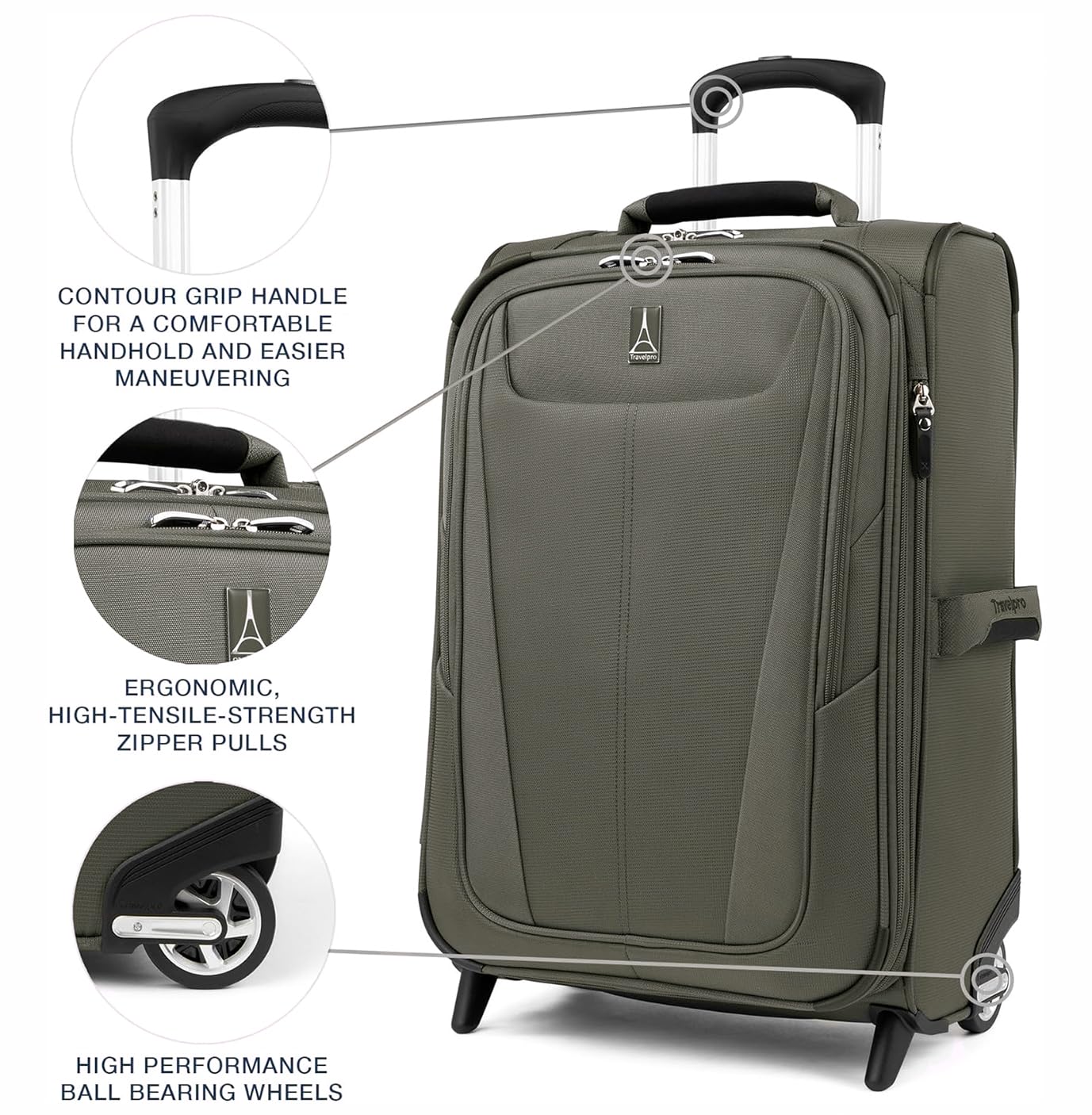 Travelpro Maxlite 5 Expandable 20-Inch Carry On Luggage - Lightweight Softside Upright Suitcase with 2 Wheels for Men & Women (Slate Green) - Perfect for Air Travel, Business Trips & Weekend Getaways