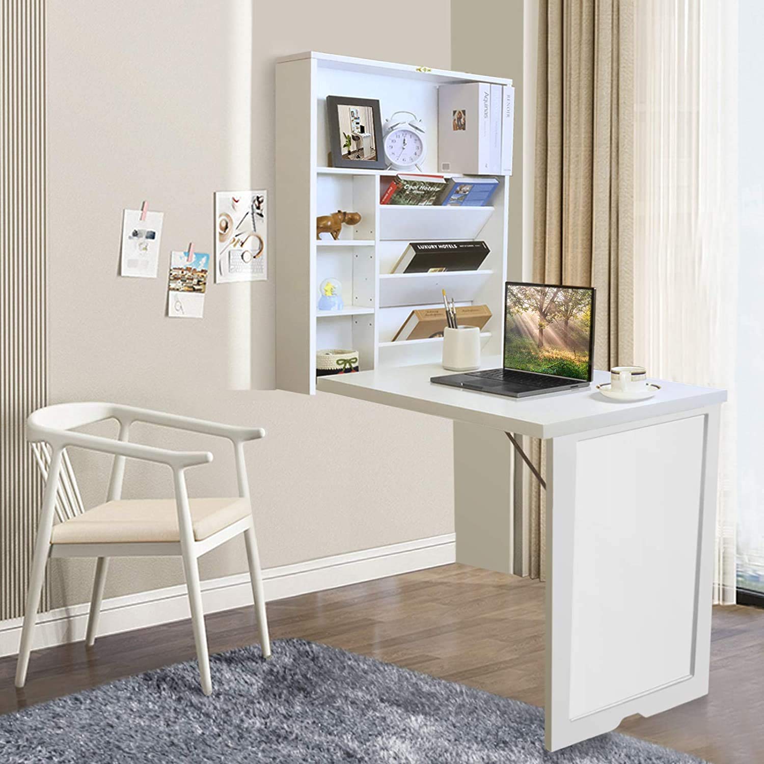 Space Saving Wall Mounted Desk - Convertible Floating Desk with Storage Shelf, Multi-Function Fold Out Computer Desk for Home Office (White) - Perfect for Small Spaces, Apartments & Dorm Rooms