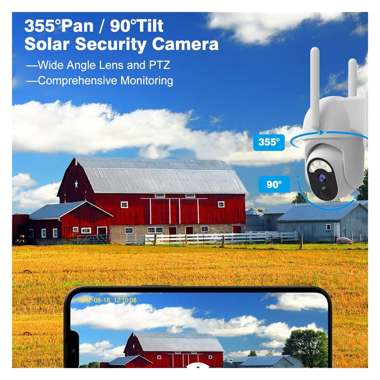 3MP Solar Security Camera with WiFi & 4G - Outdoor PTZ Surveillance with PIR Motion Detection, Spotlight & EU/US SIM Card - Solar Powered Wireless Camera for Home, Business & Property Protection
