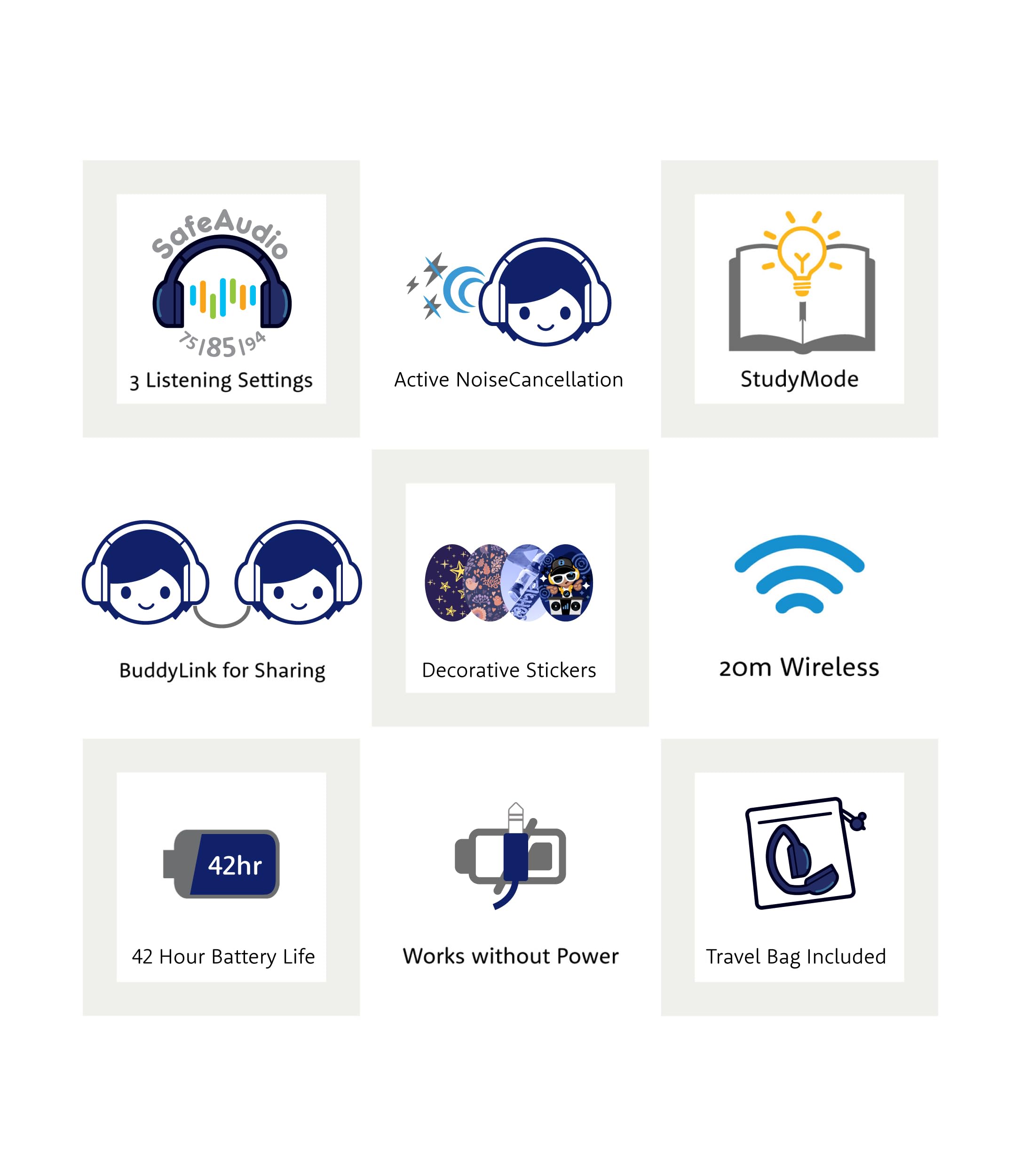 Onanoff BuddyPhones Cosmos Fun - Foldable ANC Bluetooth Headphones with Mic for Kids & Teens | SafeAudio Volume Limiting (75/85/94dB) | Wired/Wireless Use | Perfect for School, Travel & Home Learning (Blue)