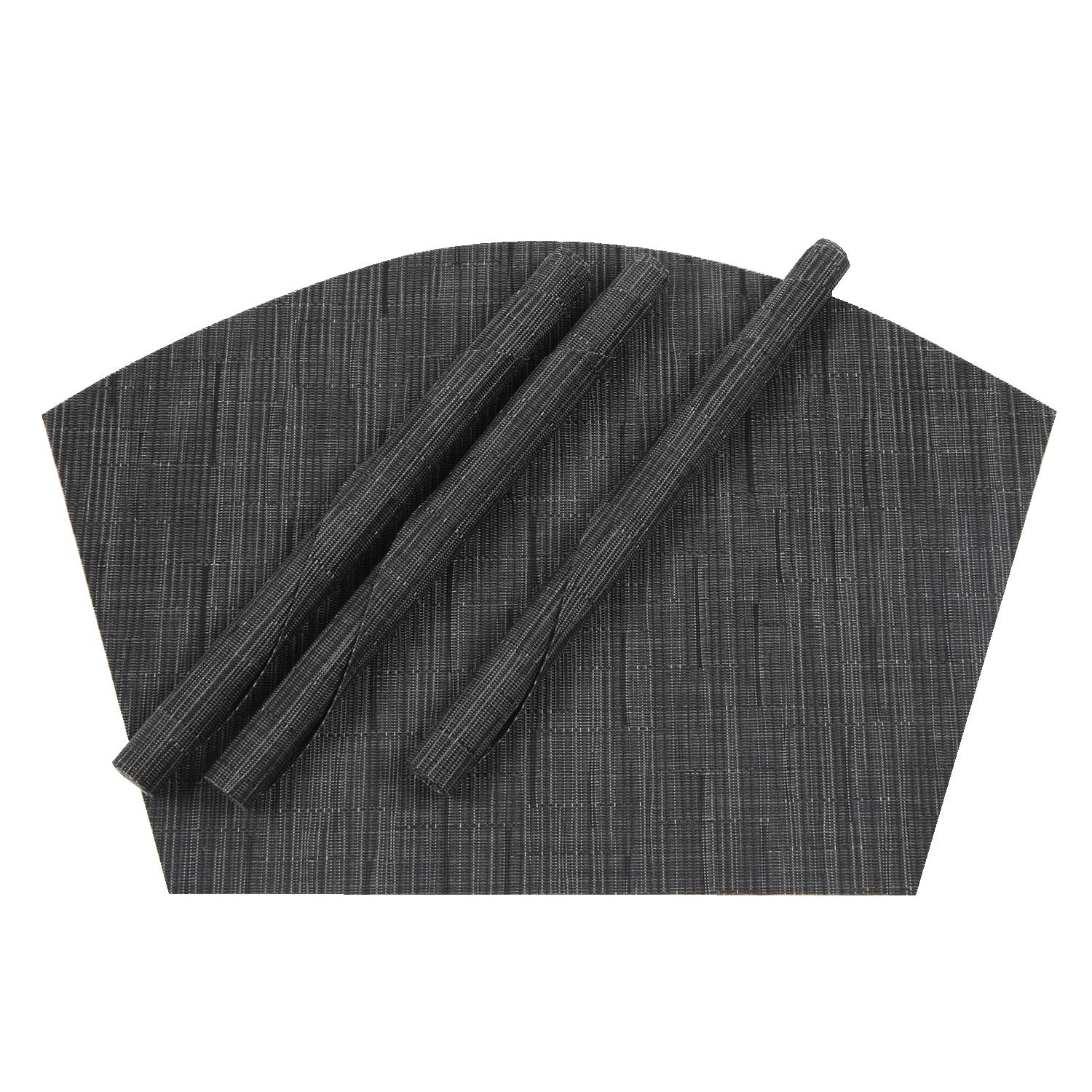 SHACOS 4-Pack Round Wedge Placemats - Non-Slip Heat Resistant Vinyl Table Mats for Indoor & Outdoor Use - Wipe Clean & Durable (Black Gray) - Perfect for Dining Tables, Patio Furniture, and Kitchen Countertops