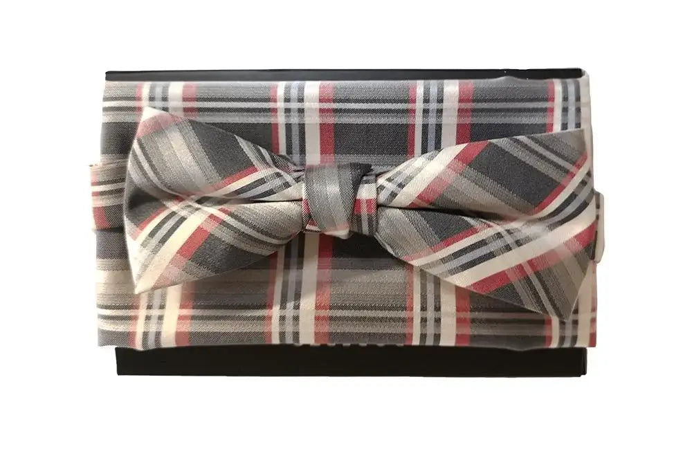 Elegant Grey and Red Slim Silk Bow Tie & Pocket Square Set for Men - Perfect for Weddings, Prom, and Formal Events