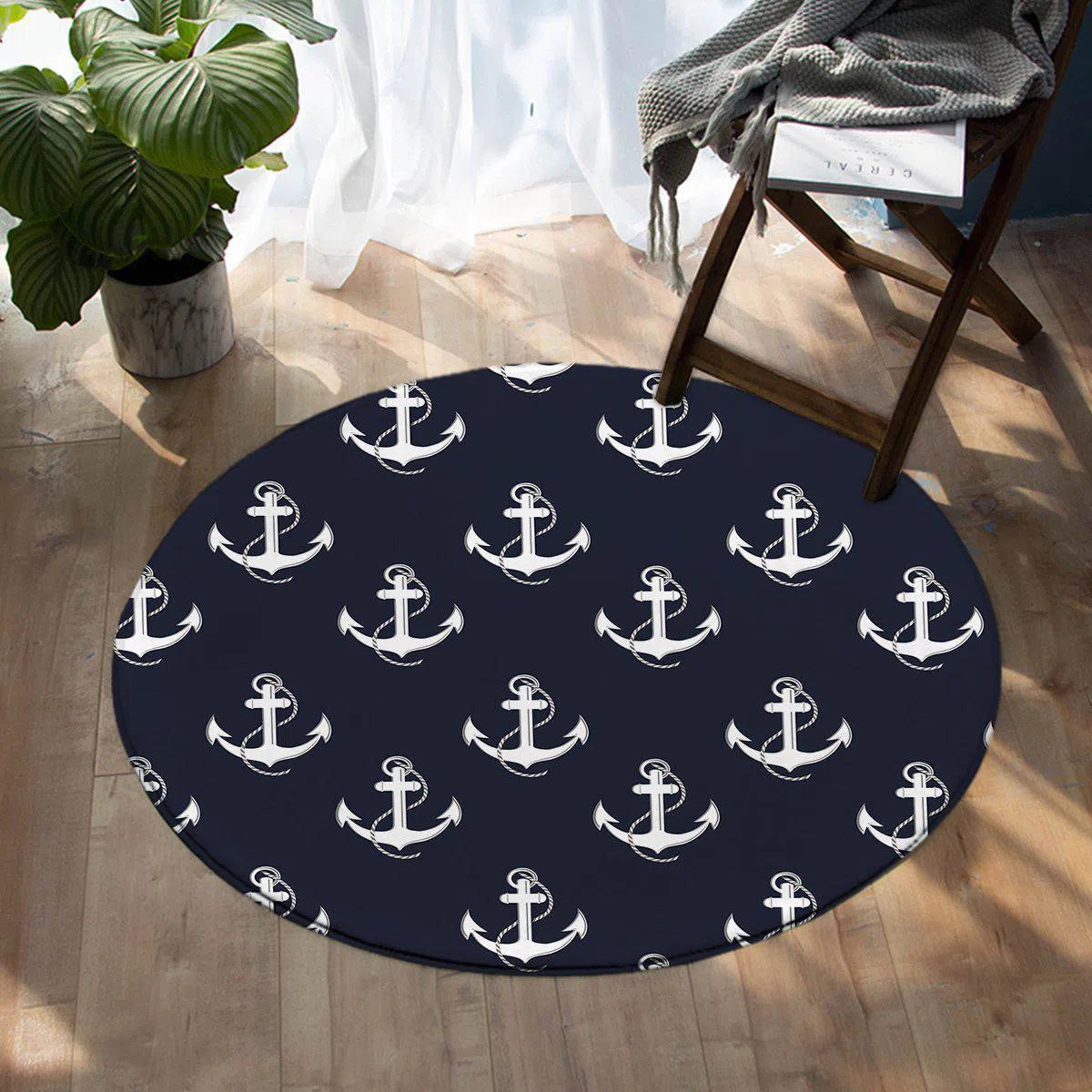 Nautical Passion Round Area Rug - Non-Slip Soft Coastal Decor for Living Room, Bedroom, or Nursery | Perfect for Beach House & Seaside Themed Interiors