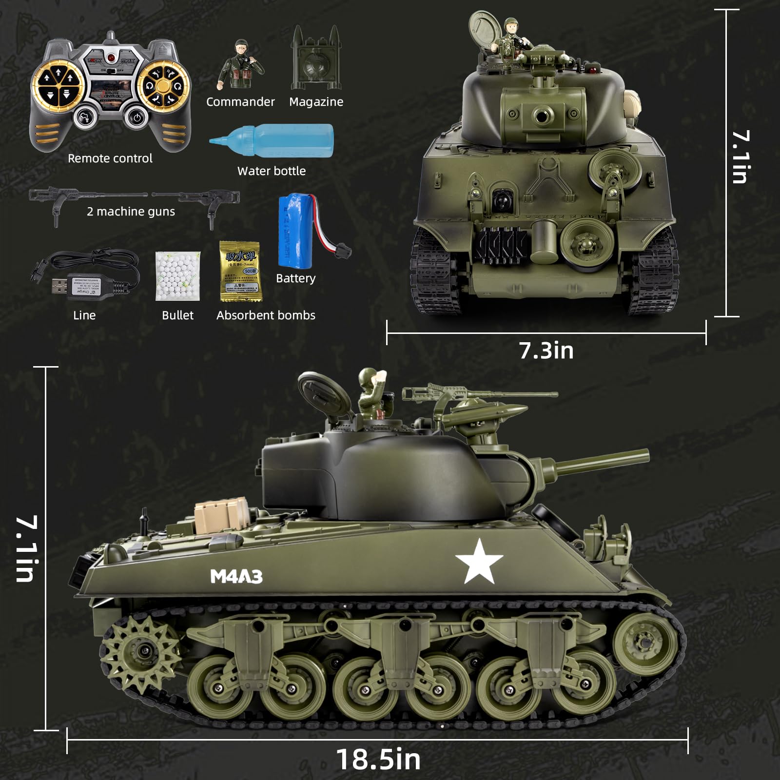 1/18 Scale RC Sherman M4A3 Tank - 2.4GHz Remote Control Military Toy with Realistic Sound, Smoke, BBS Bullets, Water Bombs & Recoil Effect - Collectible Army Tank for Adults & Kids - Perfect for Battle Reenactments, Outdoor Play & Display