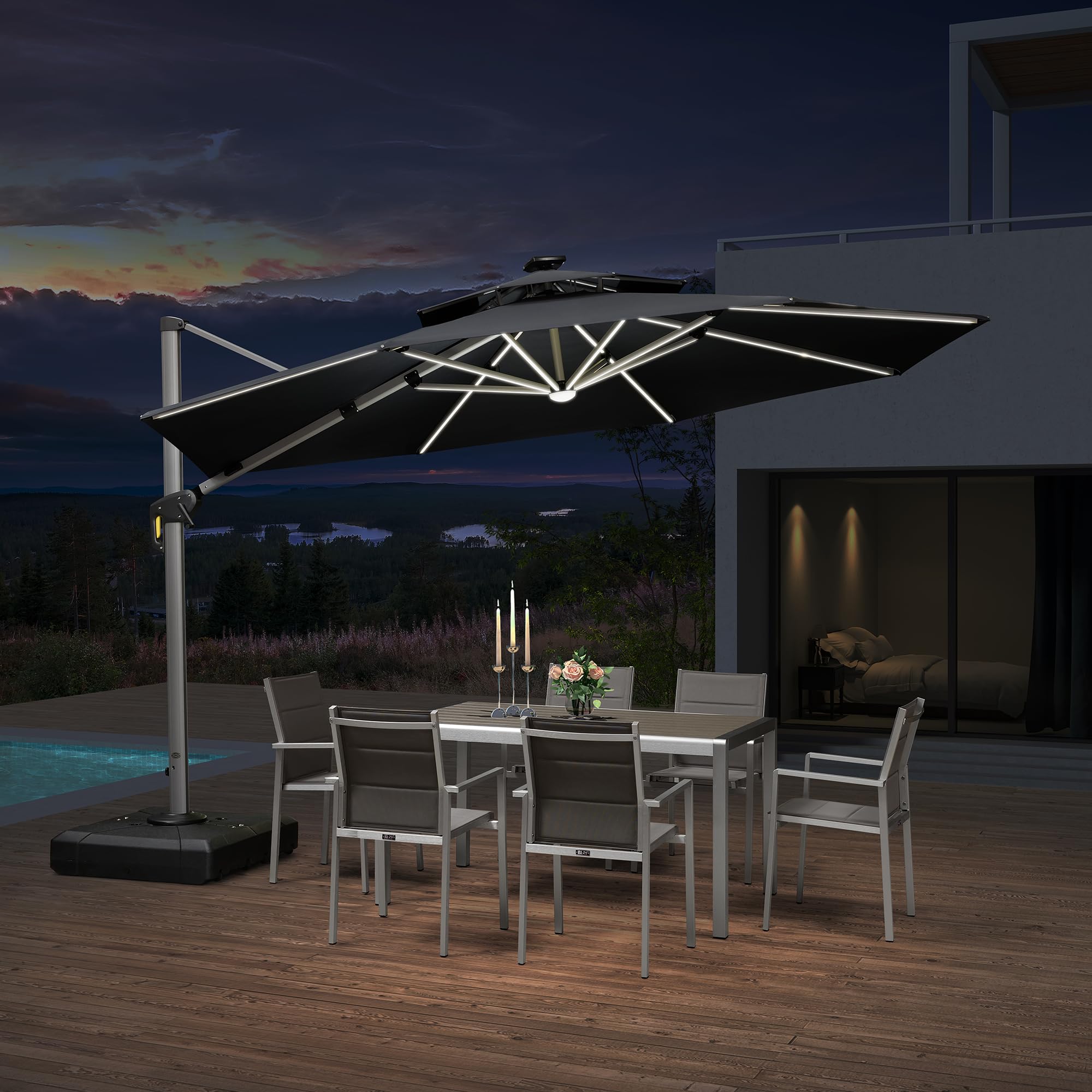 12ft Solar Powered LED Patio Umbrella - Large Windproof Cantilever Outdoor Umbrella with Bright LED Lights for Garden, Pool, Deck & Backyard - Heavy Duty Sun Shade Perfect for Lounging, Dining & Outdoor Relaxation (Black)