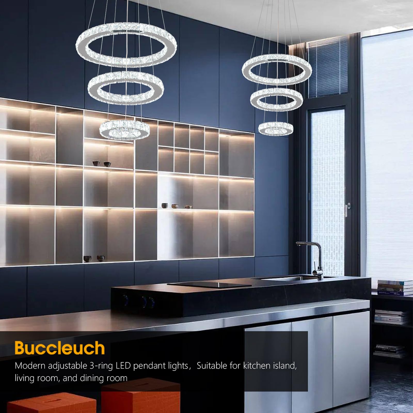 Buccleuch 3-Ring Adjustable Dimmable LED Crystal Chandelier - Stainless Steel Ceiling Light Fixture with Silver Crystals for Dining Room, Bedroom, Living Room - Perfect for Elegant Home Decor & Romantic Ambiance Lighting - ETL Certified