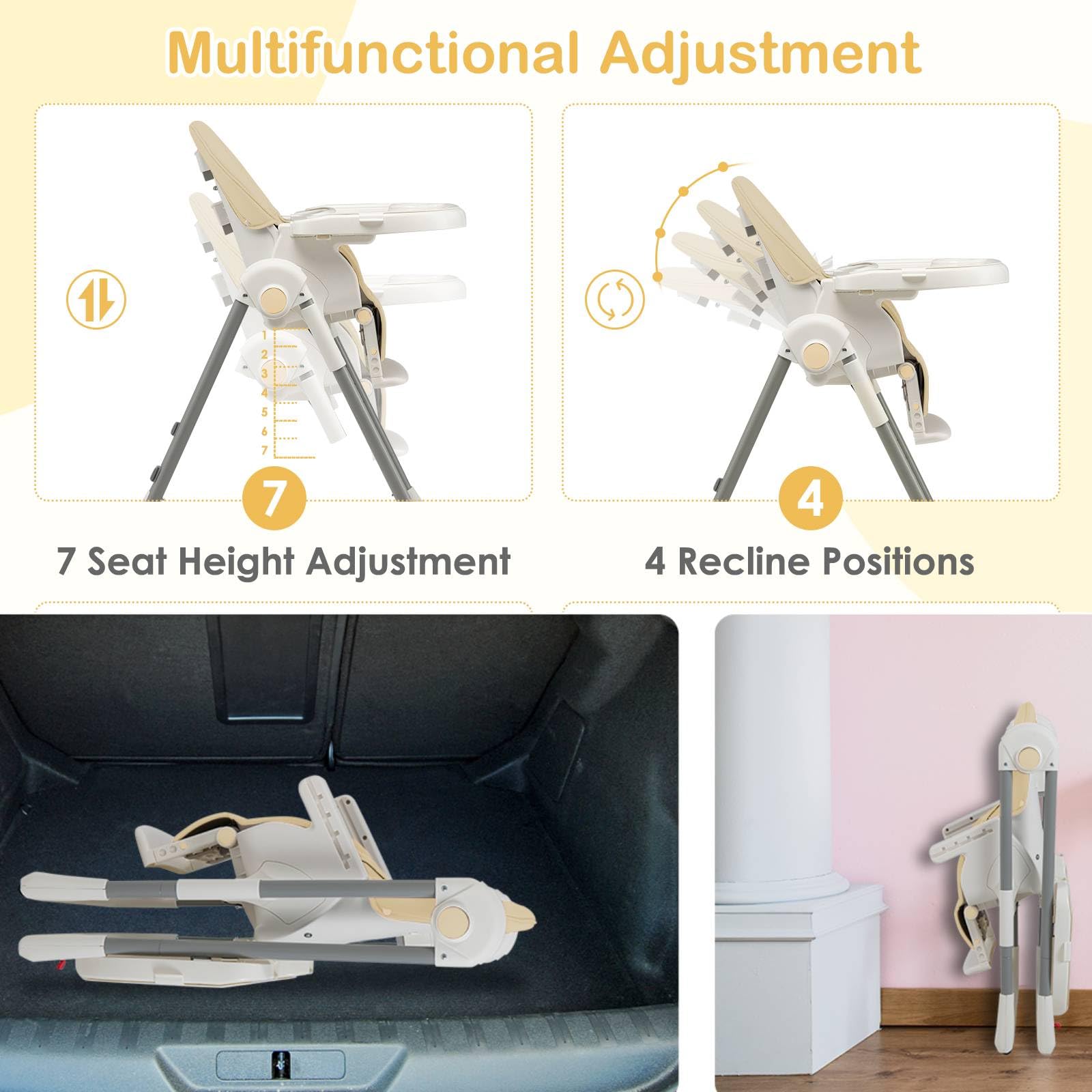 Maxmass 4-in-1 Foldable Baby High Chair with 5-Point Safety Harness, Removable Dual Tray & Cushion - Adjustable Infant Feeding Seat with Toy Bar & Wheels for Toddlers 6-36 Months (Beige) | Perfect for Dining, Playtime & Travel