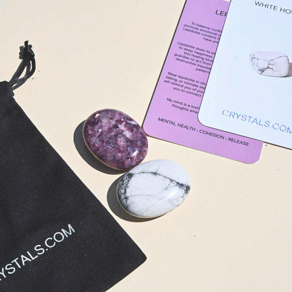 Calming Lepidolite & White Howlite Crystal Pouch - Anxiety Relief, Stress Reduction, Meditation & Sleep Aid