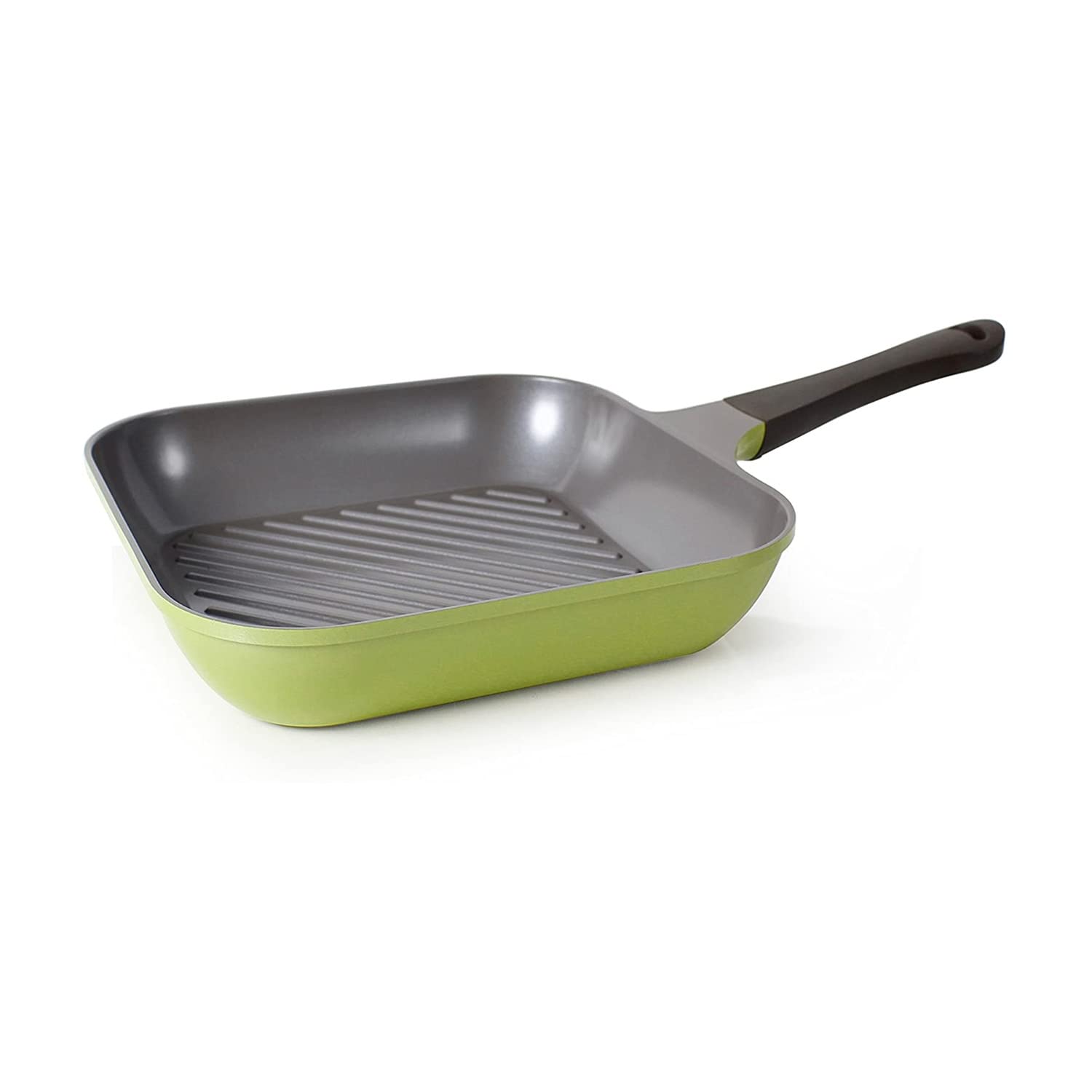 **Neoflam Eela 11-Inch Square Non-Stick Stovetop Grill Pan - PFOA-Free Ecolon Ceramic Coating, Scratch Resistant, Perfect for Searing Meat, Fish, Vegetables & Broiling - Olive Green - Ideal for Indoor Grilling & Healthy Cooking**