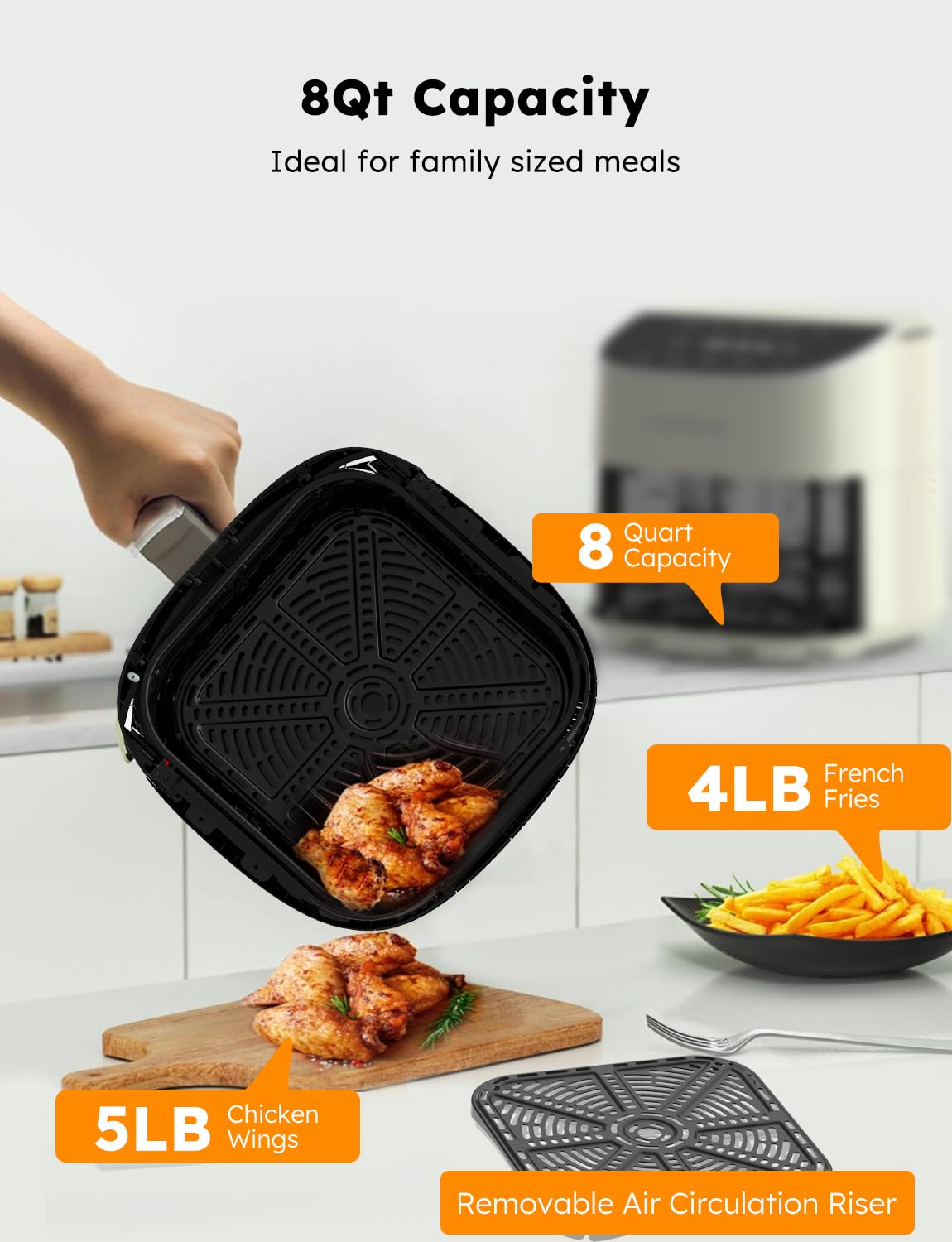 Nuwave Brio Plus 8 Qt Air Fryer - PFAS Free, Digital Touch Screen with Cool White Display, 50°F~400°F Temperature Range, 5 Cook Functions, 100 Presets & 50 Memory - Perfect for Healthy Frying, Baking, Roasting, Grilling & Reheating in Your Kitchen