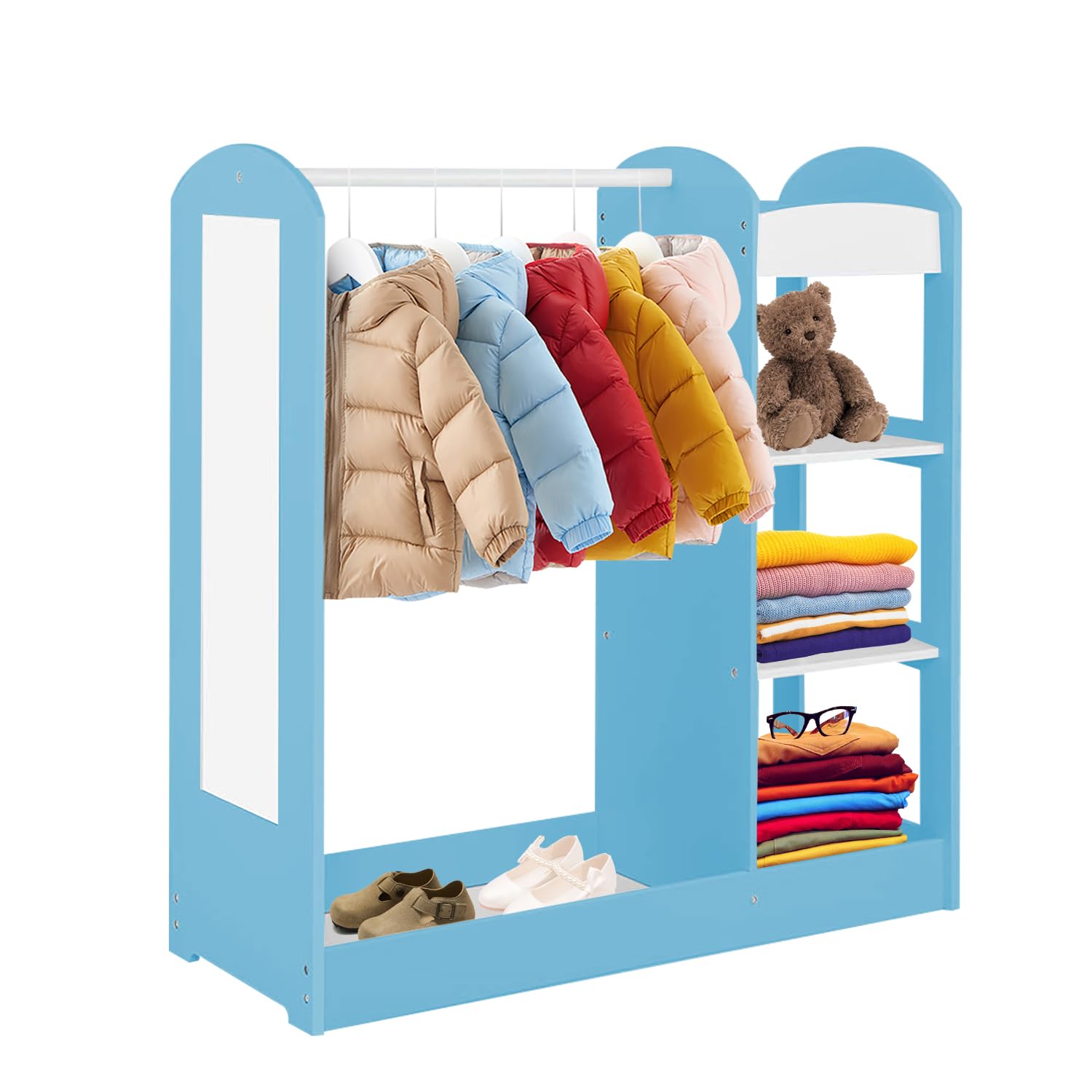 Kids Dress Up Storage Organizer with Mirror - Play Armoire Dresser & Costume Closet for Girls | Pretend Play Wardrobe with Hanging Space | Perfect for Bedroom, Playroom & Dress-Up Games (Blue)