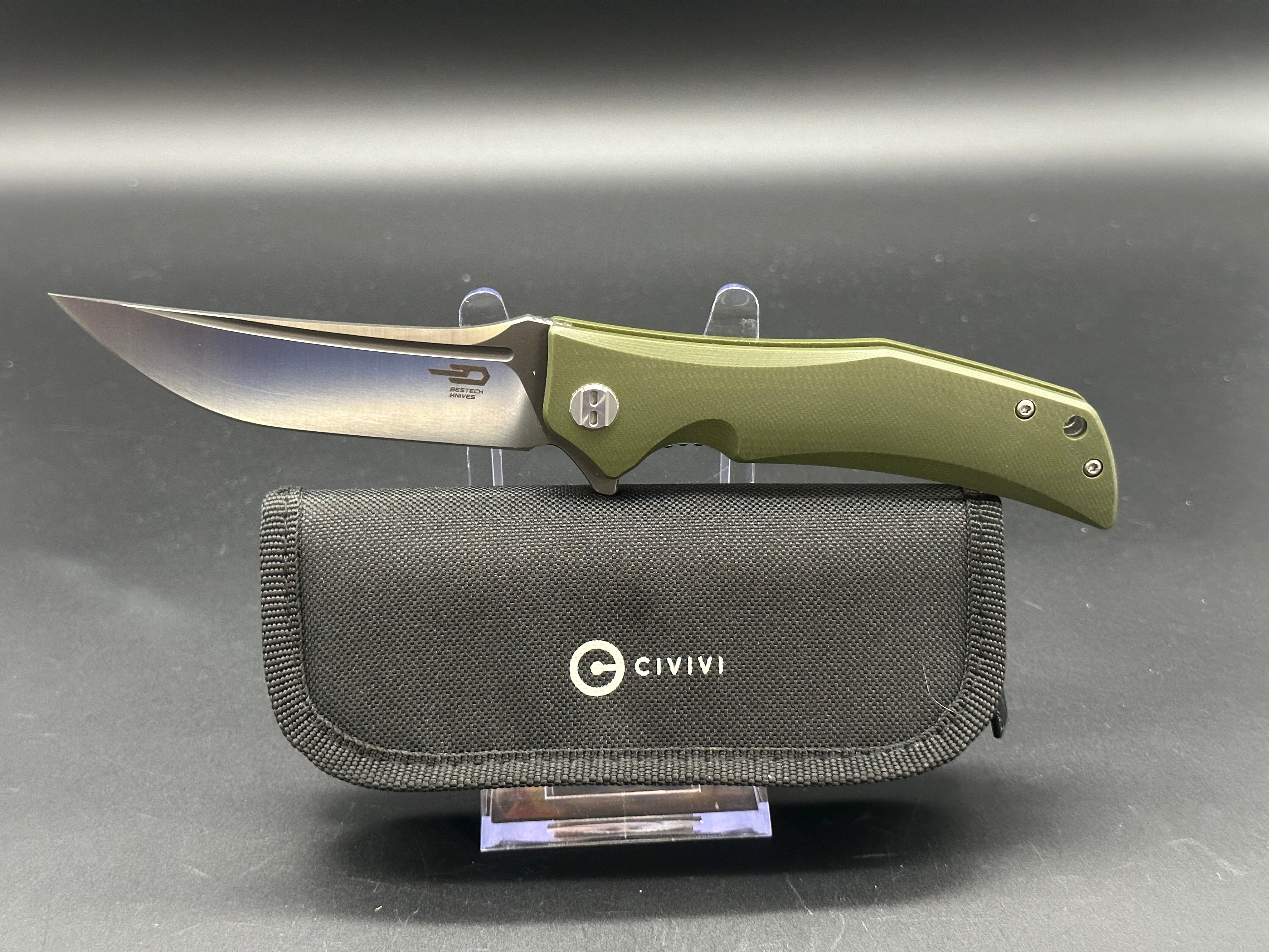 Bestech Scimitar Folding Knife - Green G10 Handle with D2 Steel Blade - Perfect for Camping, Hiking & Outdoor Survival