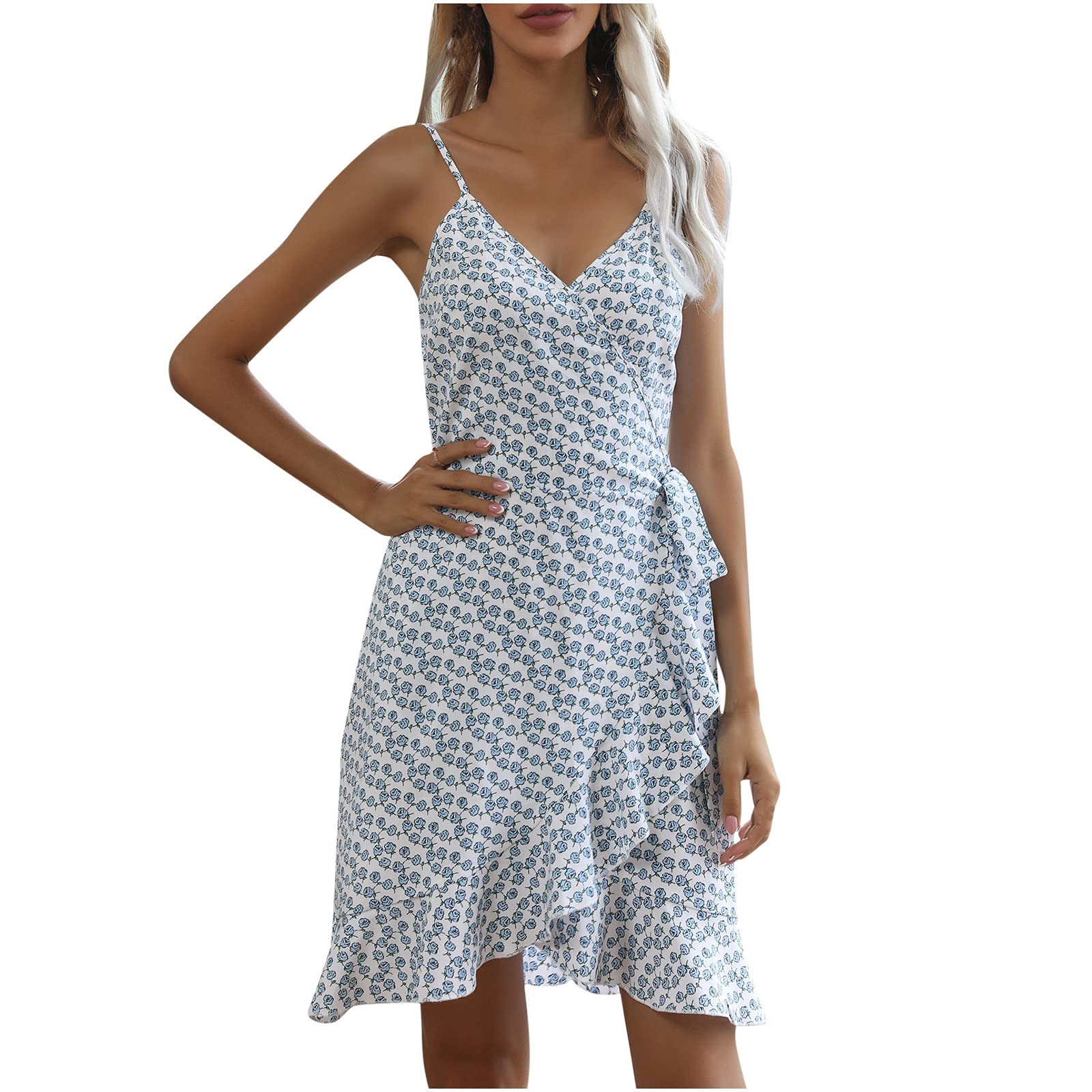 Floral Print Mini Dress for Women - Spaghetti Strap Sleeveless V-Neck Knee-Length Summer Dress | Perfect for Beach Vacations, Date Nights & Casual Outings