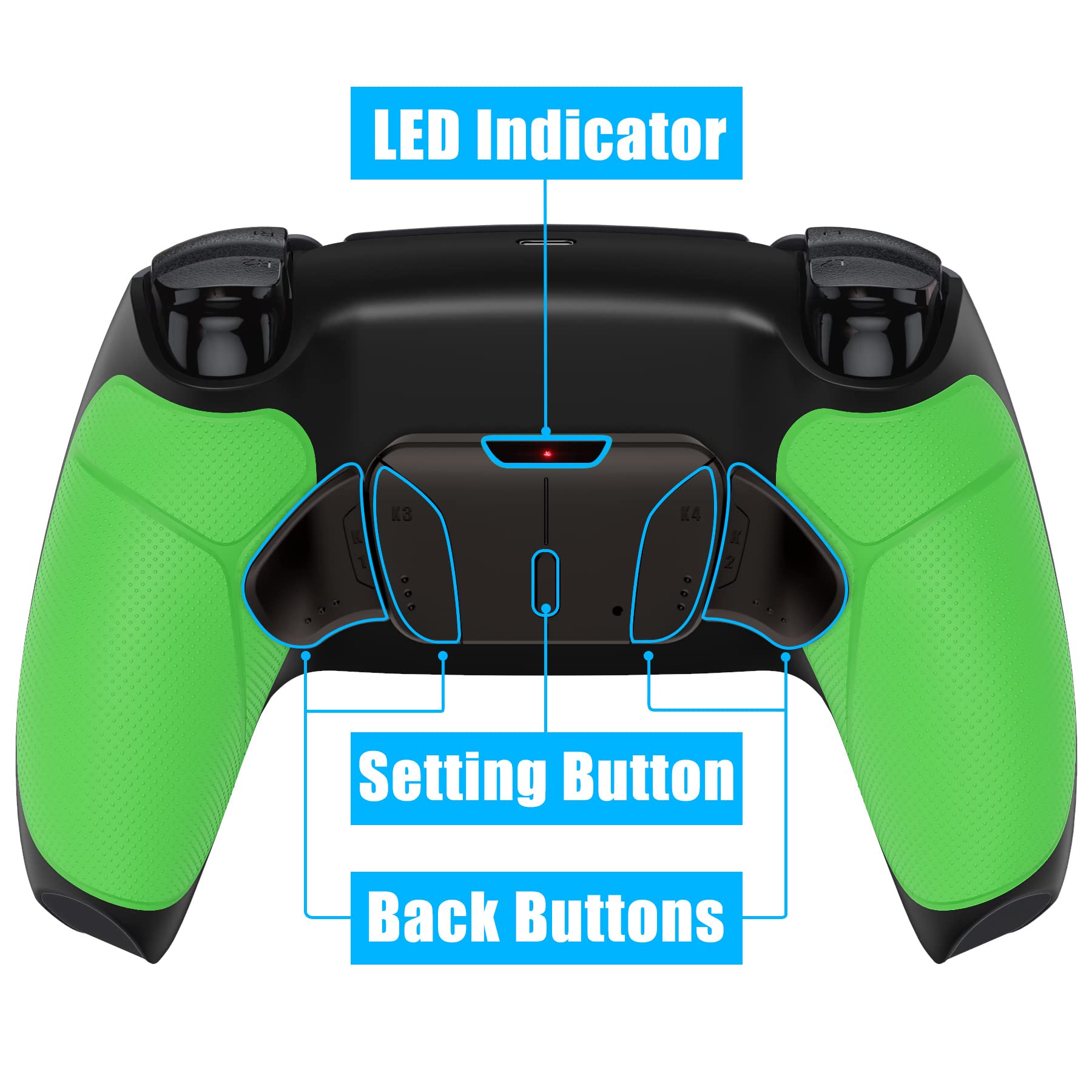 eXtremeRate RISE4 Programmable Remap Kit for PS5 Controller BDM-010/020 - 4 Metal Back Buttons & Grip Cover (Green) | Enhanced Gaming Performance for FPS, Racing & Competitive Play