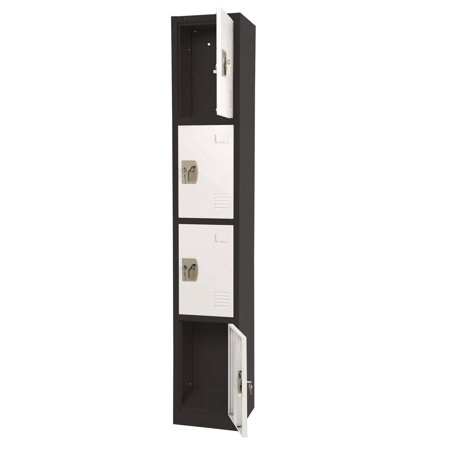 Steel Storage Locker with 4 Compartments - 12x12x72 Inches, Black Body & White Doors - Heavy Duty School, Gym, Warehouse & Office Organization Solution