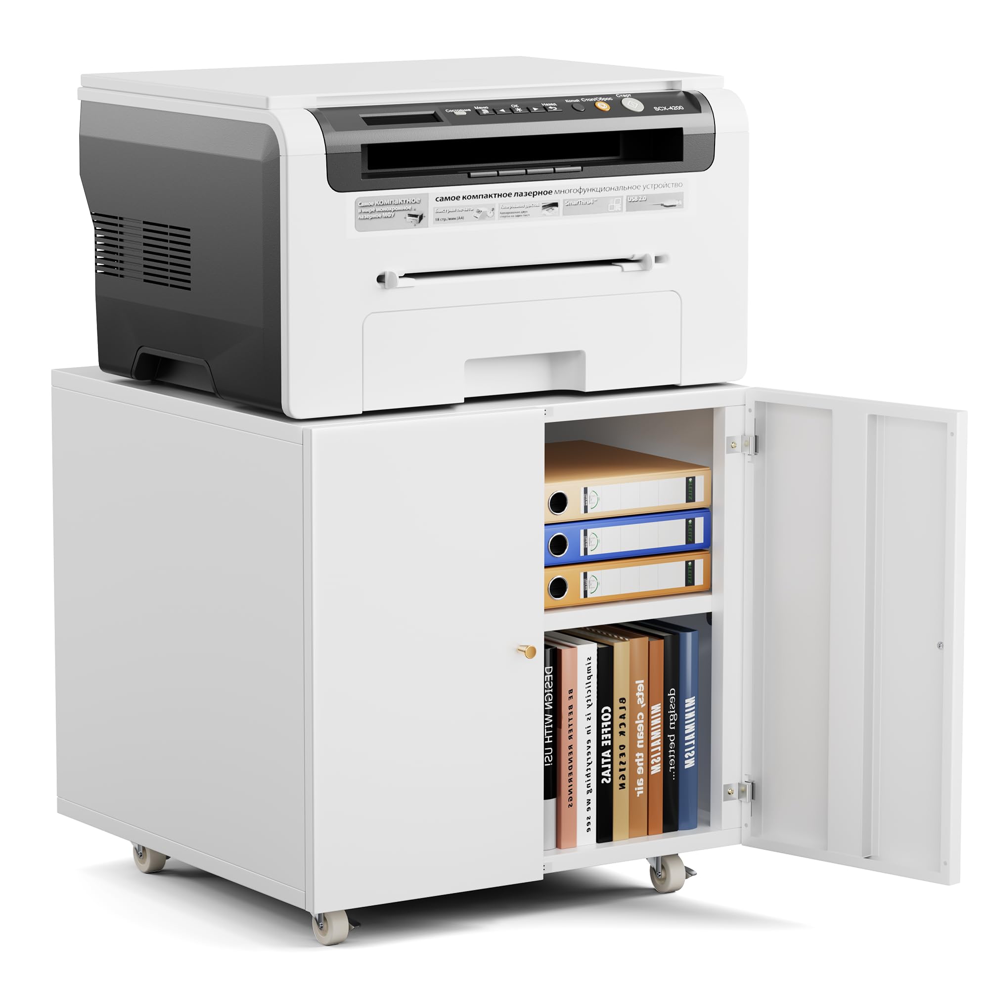 Warmiehomy Metal Printer Stand with Storage - Mobile Printer Table for Small Spaces, Adjustable Shelf & File Cabinet on Wheels - Home Office Organization (White) - Perfect for Compact Workspaces & Home Offices