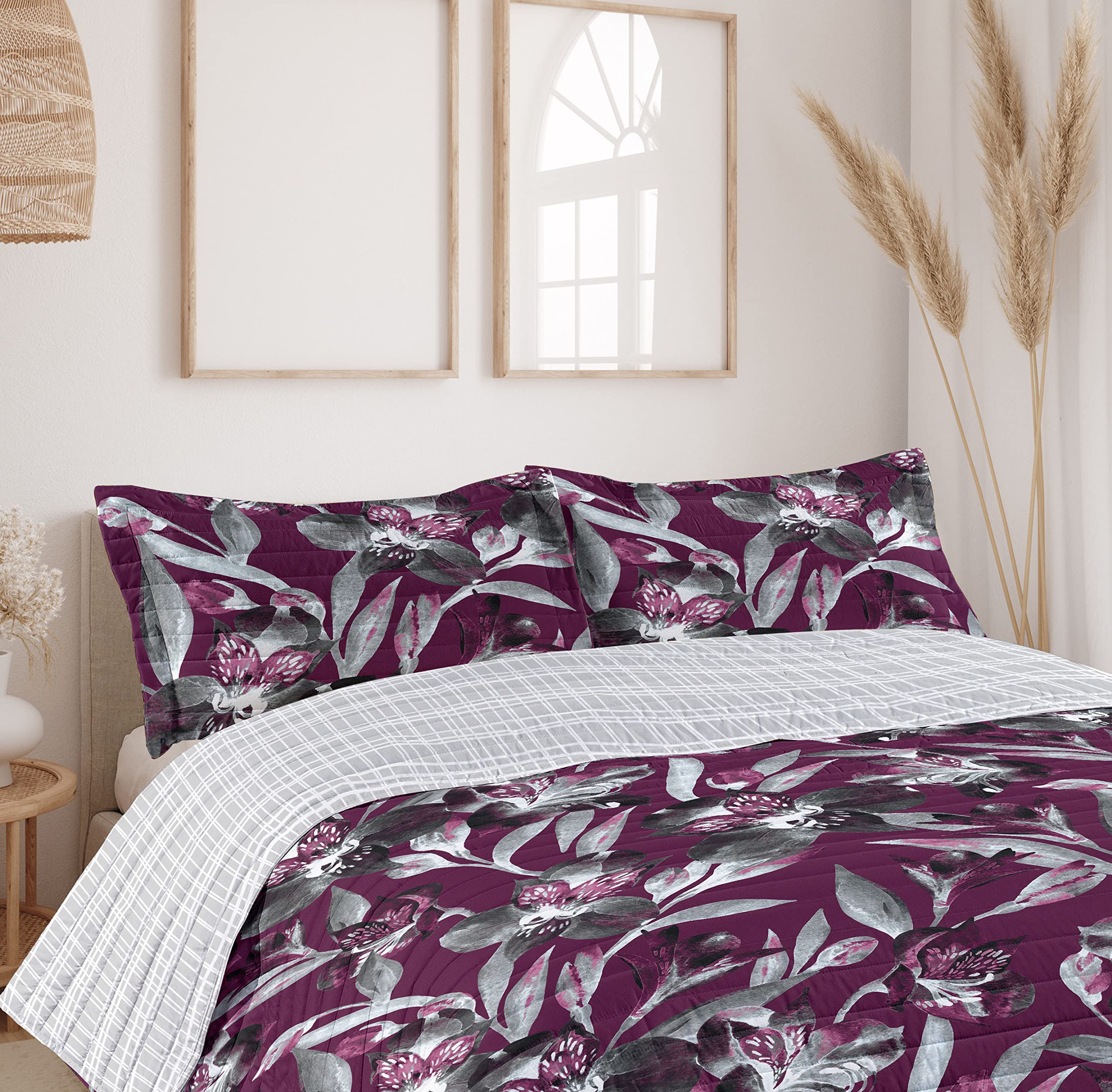 Ambesonne Exotic Reversible King Size Bedspread Set - Tropical Jungle Butterfly Design with Plum Pearl Microfiber Pillow Shams & Comforter | Perfect for Spring Bedroom Decor, Guest Room Makeover, and Boho Chic Home Styling