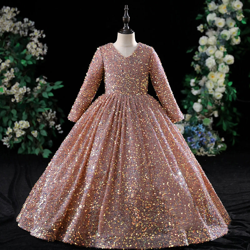 Elegant Baby Girl Long Sleeve Sequined Puff Princess Dress - Toddler Pageant Dress for Birthday Party, Photo Shoot & Special Occasions