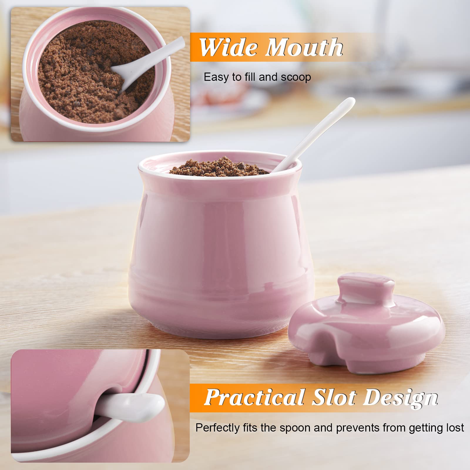 12 oz Ceramic Sugar Bowl with Lid and Spoon - Airtight Sugar Storage Container for Coffee, Tea & Baking - Pink Kitchen Decor for Countertop, Coffee Bar & Dining Table