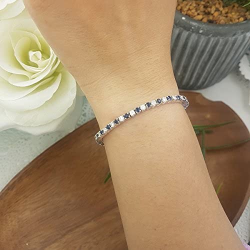 Dazzlingrock Collection 14K Solid White Gold Round Cut Real Blue Sapphire & White Diamond Tennis Bracelet for Women | Elegant Gift for Anniversary, Wedding & Special Occasions